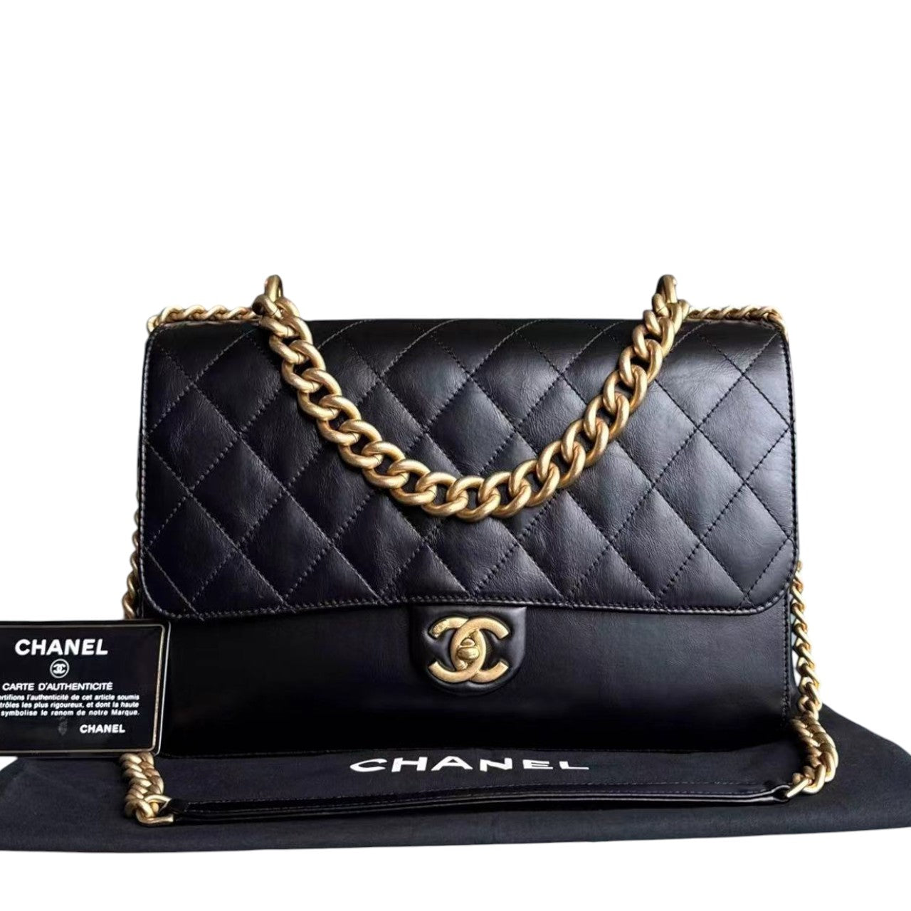 Chanel Seasonal Flap Jumbo - 30CM Glazed Calfskin Quilted Straight Line Black Gold Hardware Series 23