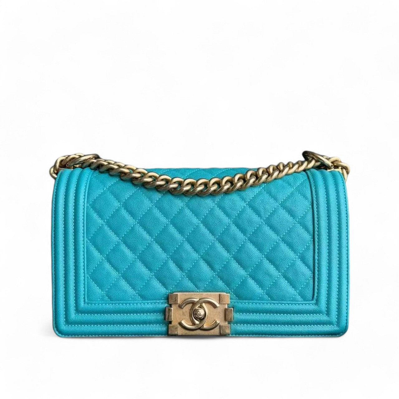 Chanel Boy Medium - Caviar 25CM Quilted Blue Gold Hardware Series 28