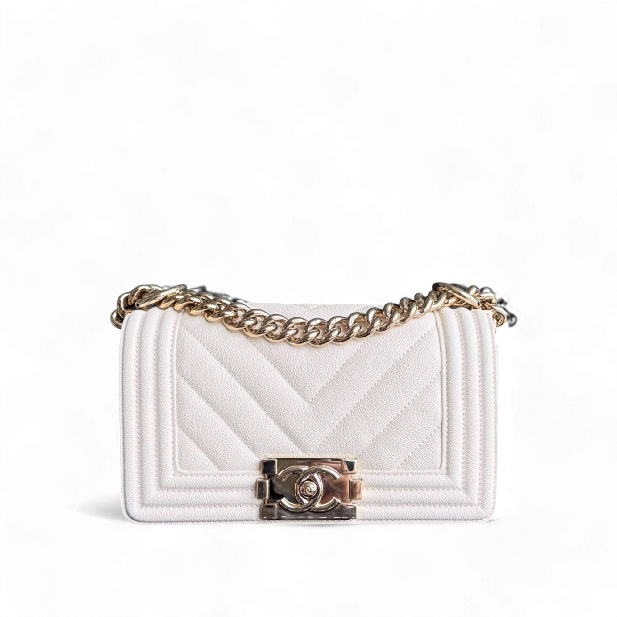 Chanel Boy Small - Caviar 20CM Chevron Cream White Gold Hardware Series 29