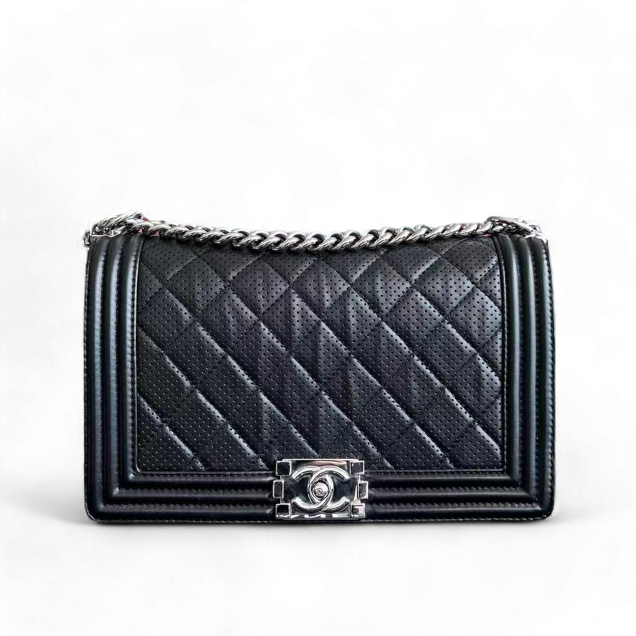 Chanel Boy Medium - 28CM Quilted Lambskin Perforated Black Silver Hardware Series 19