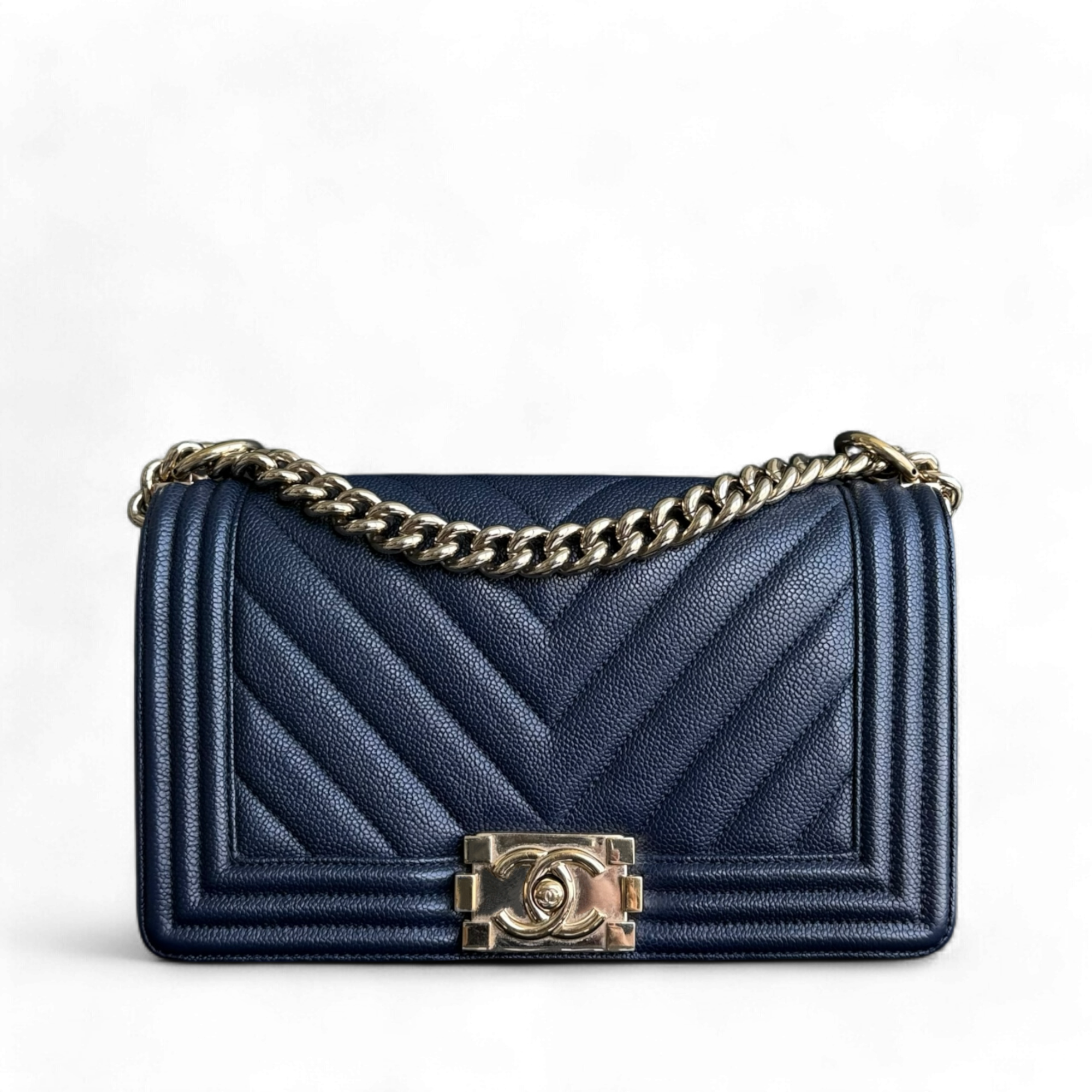 Chanel Boy Medium - Caviar 25CM Chevron Dark Navy Blue Gold Hardware Series 24