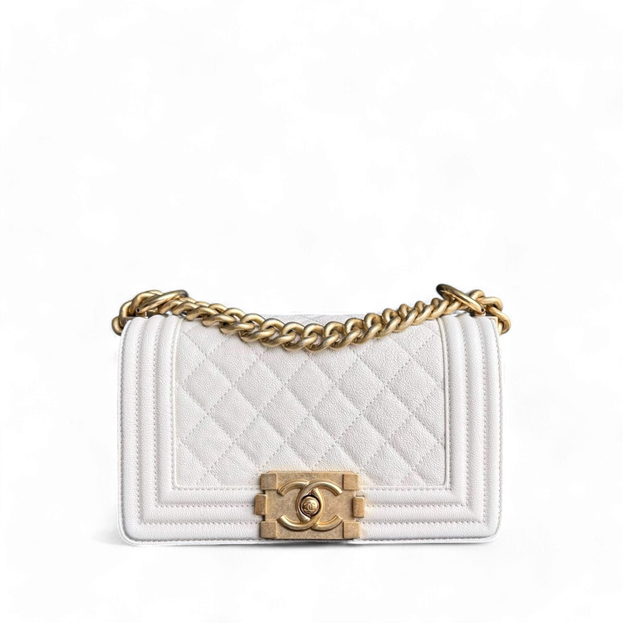 Chanel Boy Small - Caviar Quilted Cream White Gold Hardware