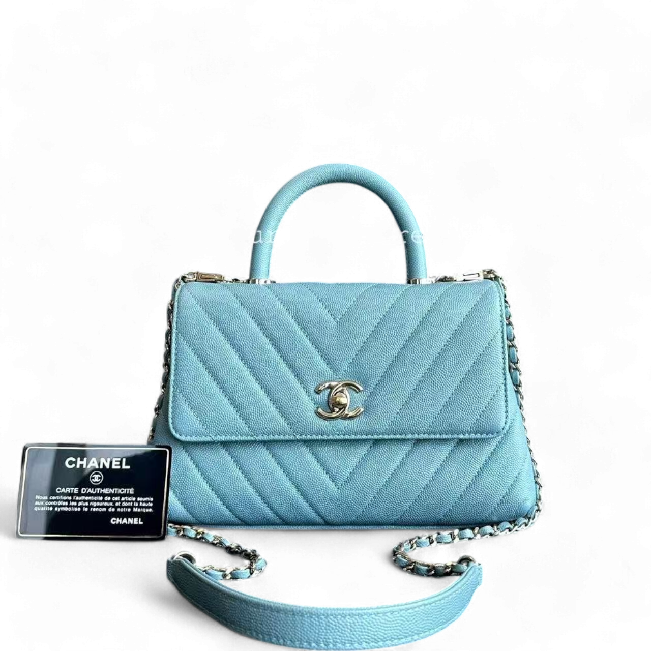 Chanel Coco Handle - Caviar Small Chevron Blue Light Gold Hardware Series 29