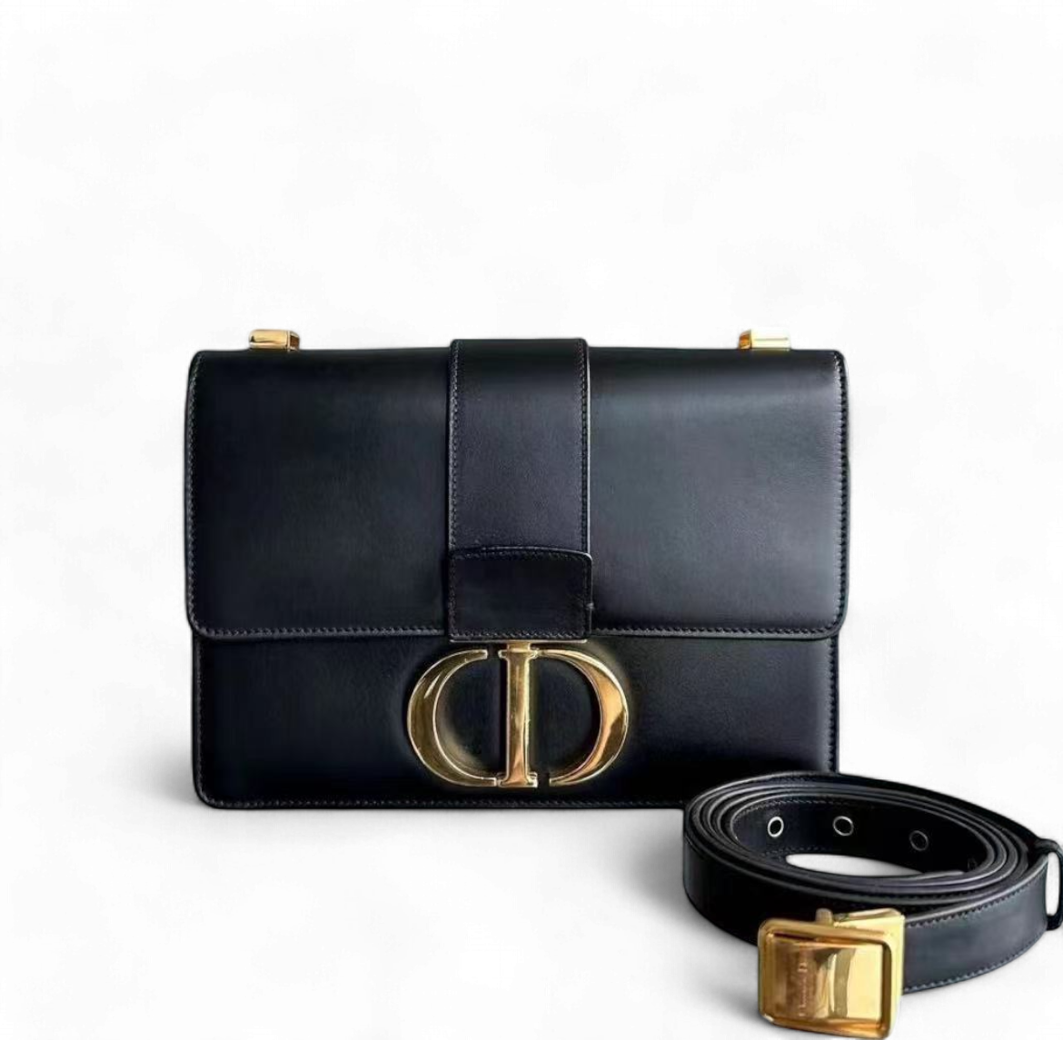 Dior 30 Montaigne - Smooth Calfskin Black Golden Hardware with Strap