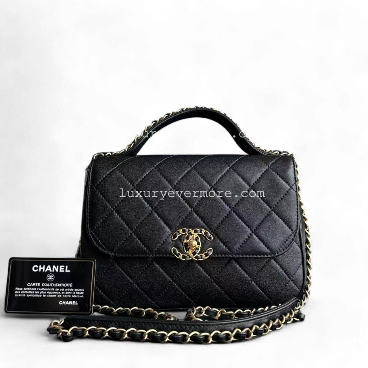 *Full Set, Receipt* Chanel Small 23CM Chain Infinity Top Handle Quilted Calfskin Black Golden Hardware Series 28 Shoulder Bag