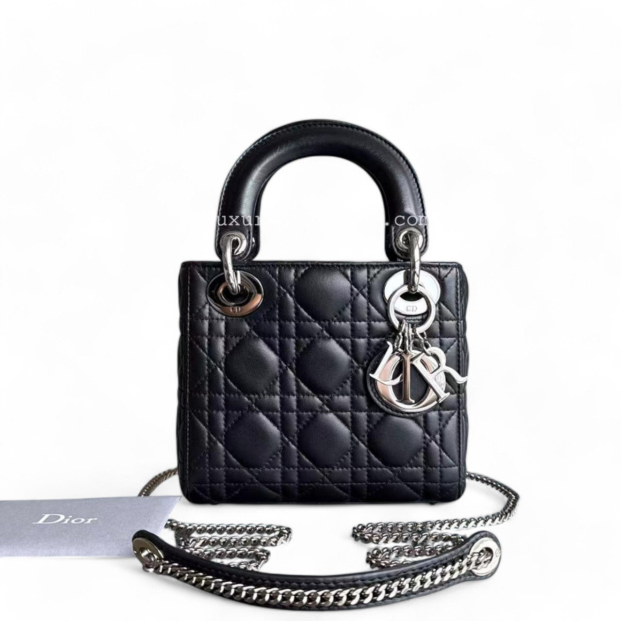 Dior Lady Mini - Cannage Lambskin Black Silver Hardware Chain Strap