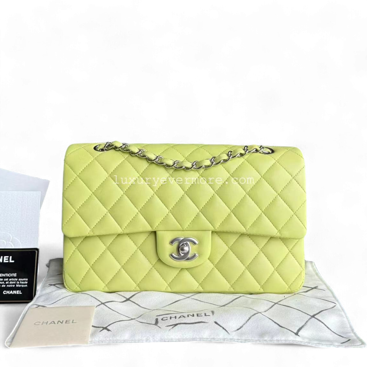 *Full Set, Receipt* Chanel Classic Flap Medium Quilted Lambskin Light Yellow Silver Hardware