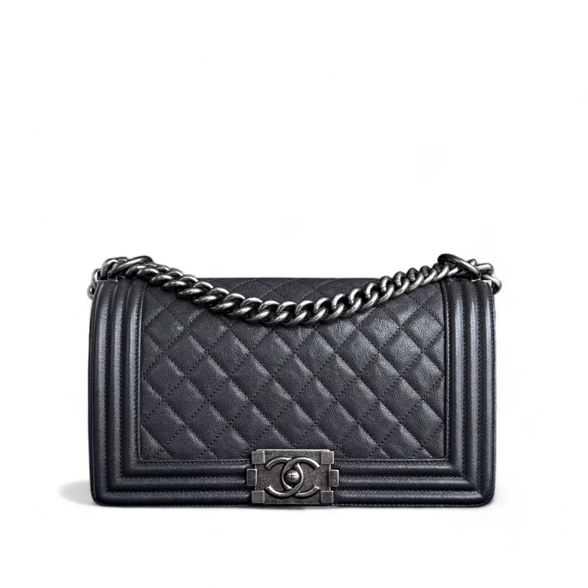 Chanel Boy Medium - Caviar 25CM Quilted Iridescent Grey Gray Ruthenium Silver Hardware Series 26