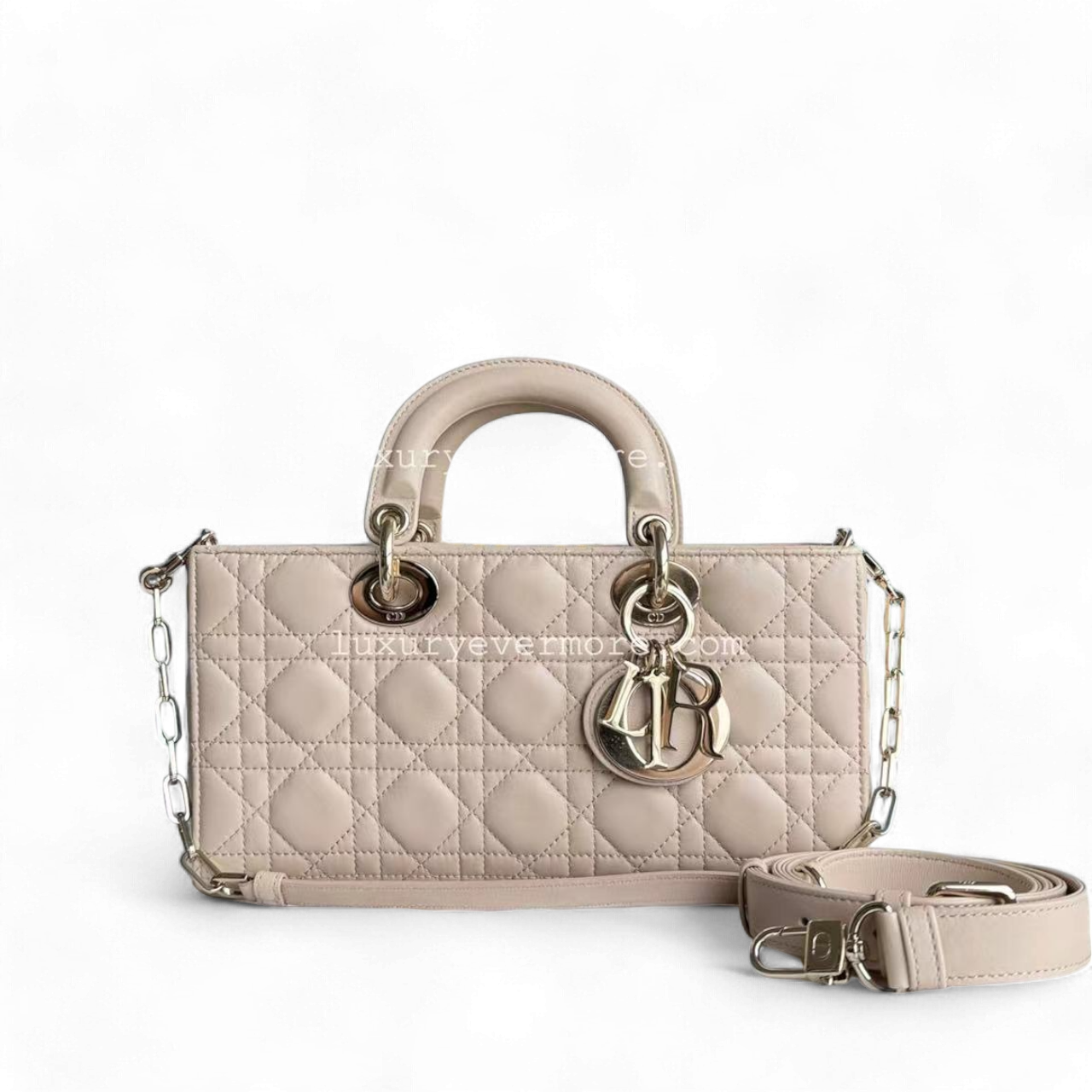 Dior D-Joy Medium Cannage Lambskin Beige Golden Hardware Shoulder Bag