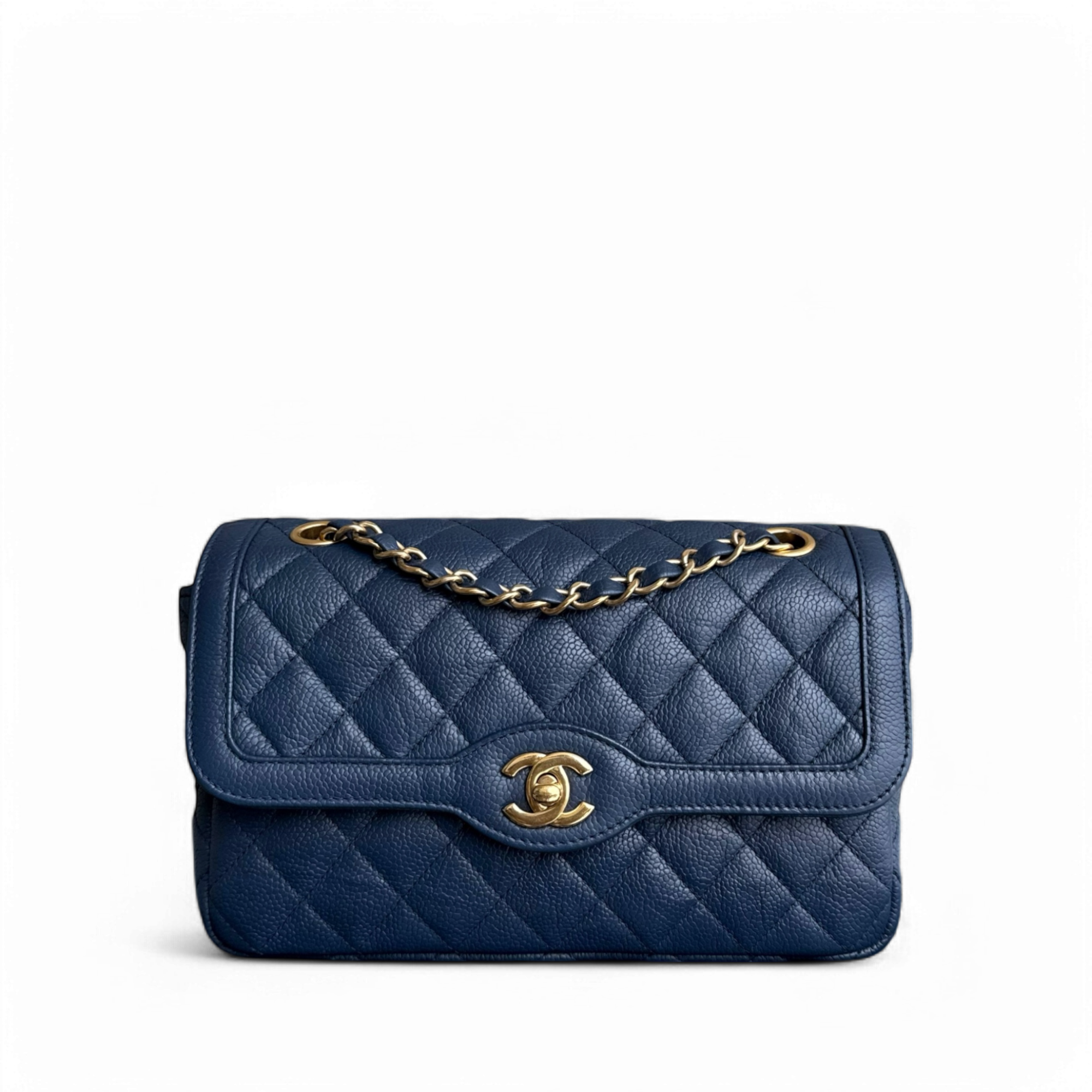 Chanel Two Tone Flap - Medium Crumpled Grained Calfskin Navy Blue Gold