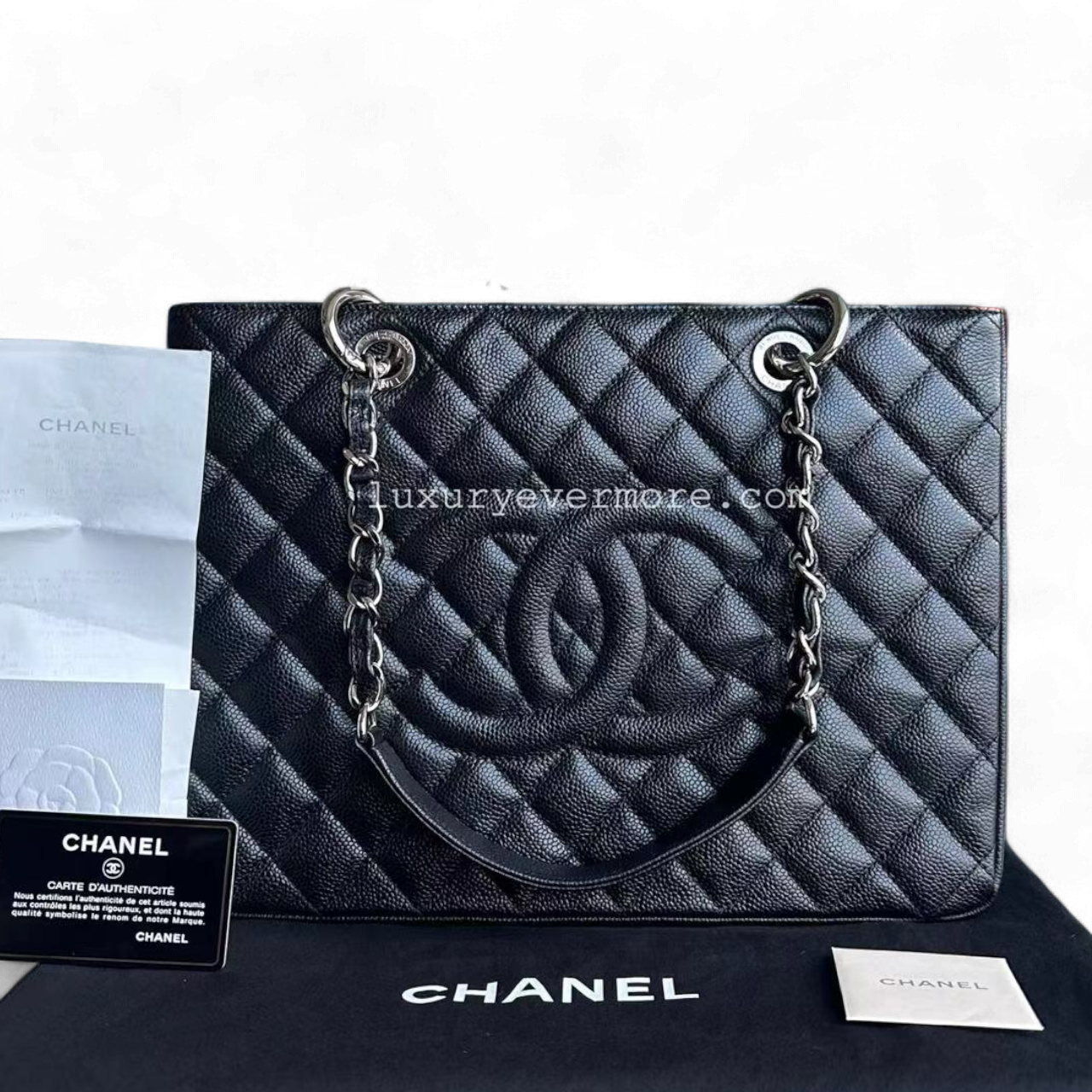 *Receipt* Caviar GST Grand Shopping Tote Quilted Black Silver Hardware Series 16