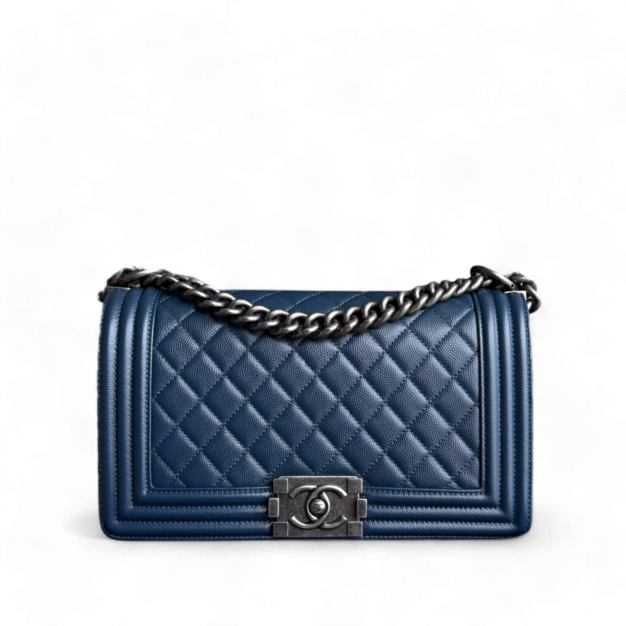 Chanel Boy Medium - Caviar 25CM Quilted Dark Navy Blue Ruthenium Silver Hardware Series 25