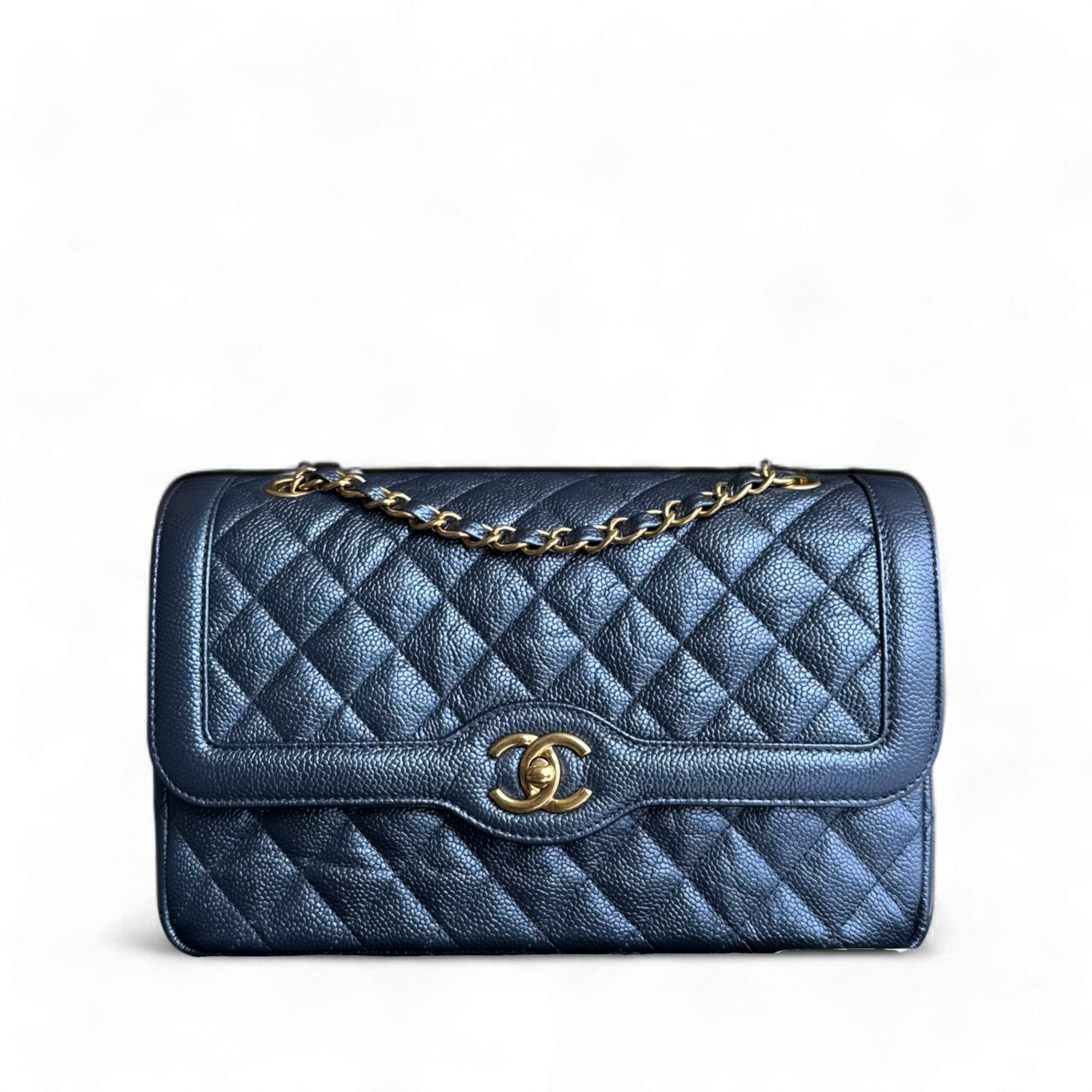 Chanel Crumpled Two Tone Flap - Medium Grained Calfskin Navy Blue Gold Hardware Series 21