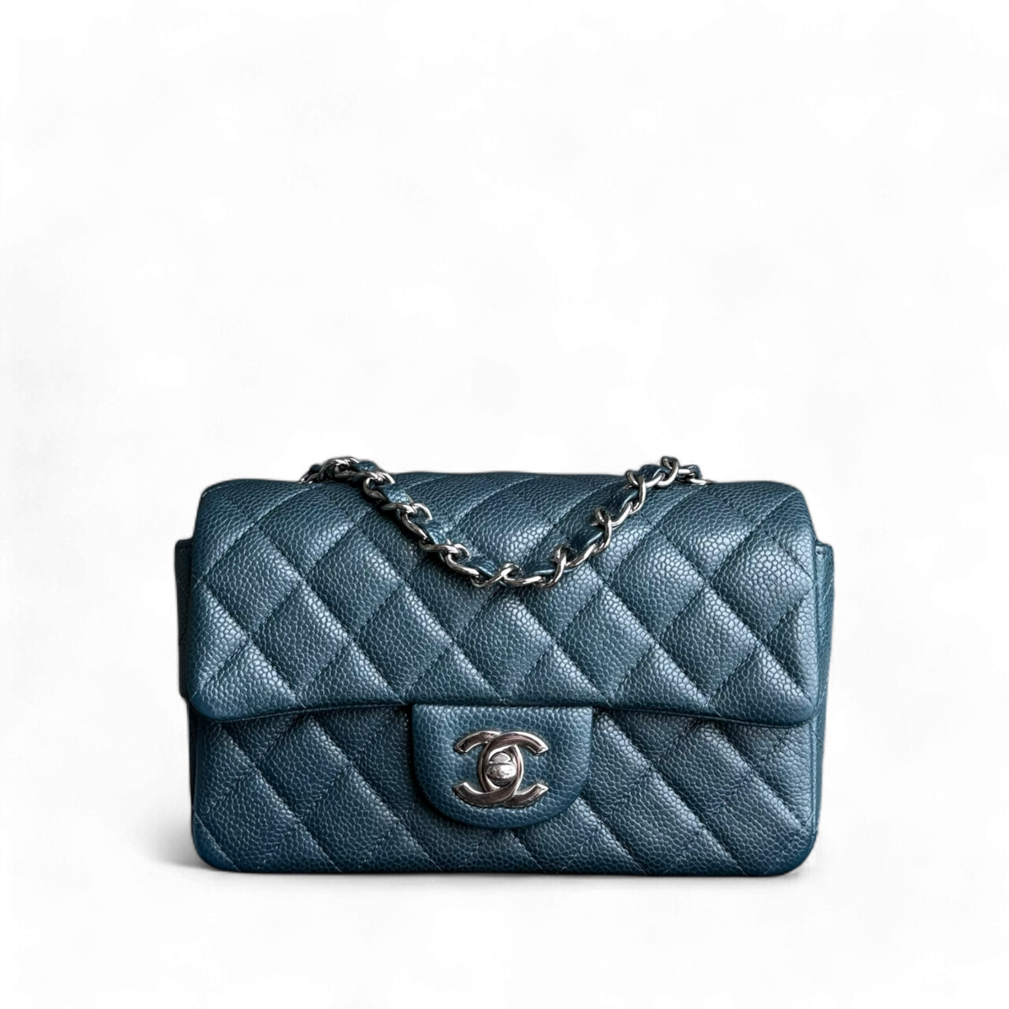 Chanel Classic Flap Mini - Caviar 20CM Rectangle Quilted Dark Green Blue Silver Hardware Series 20