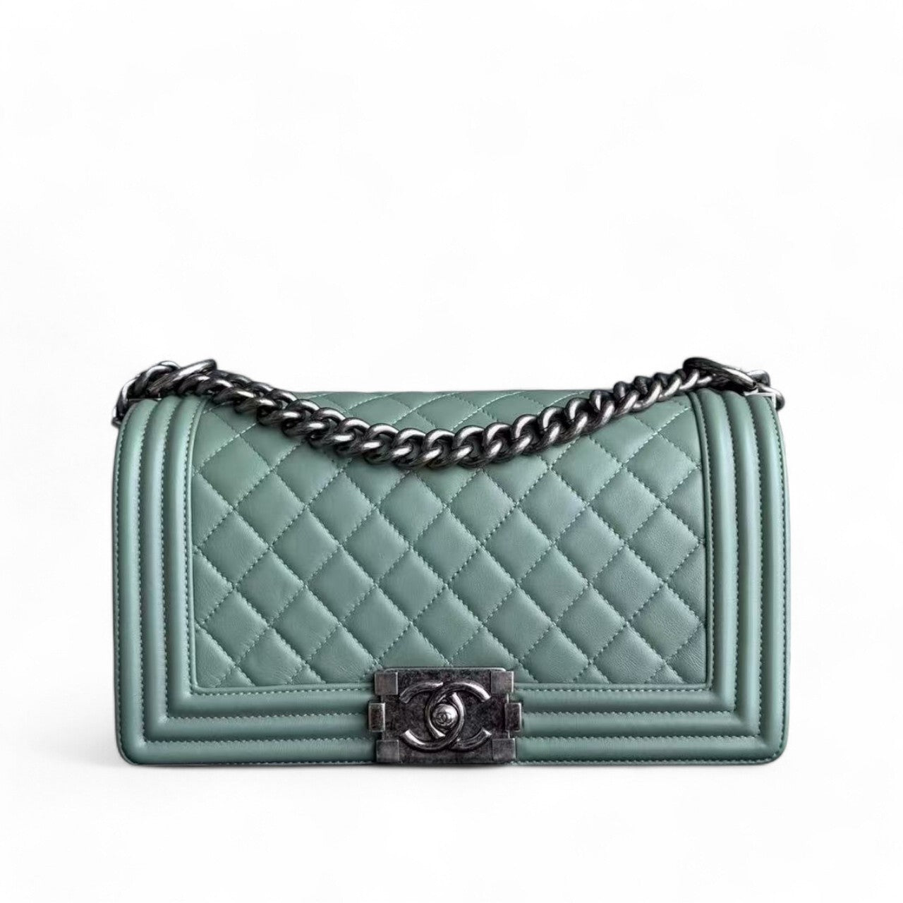 Deposit of Chanel Boy Medium - 25CM Quilted Lambskin Green Ruthenium Silver Hardware Series 23