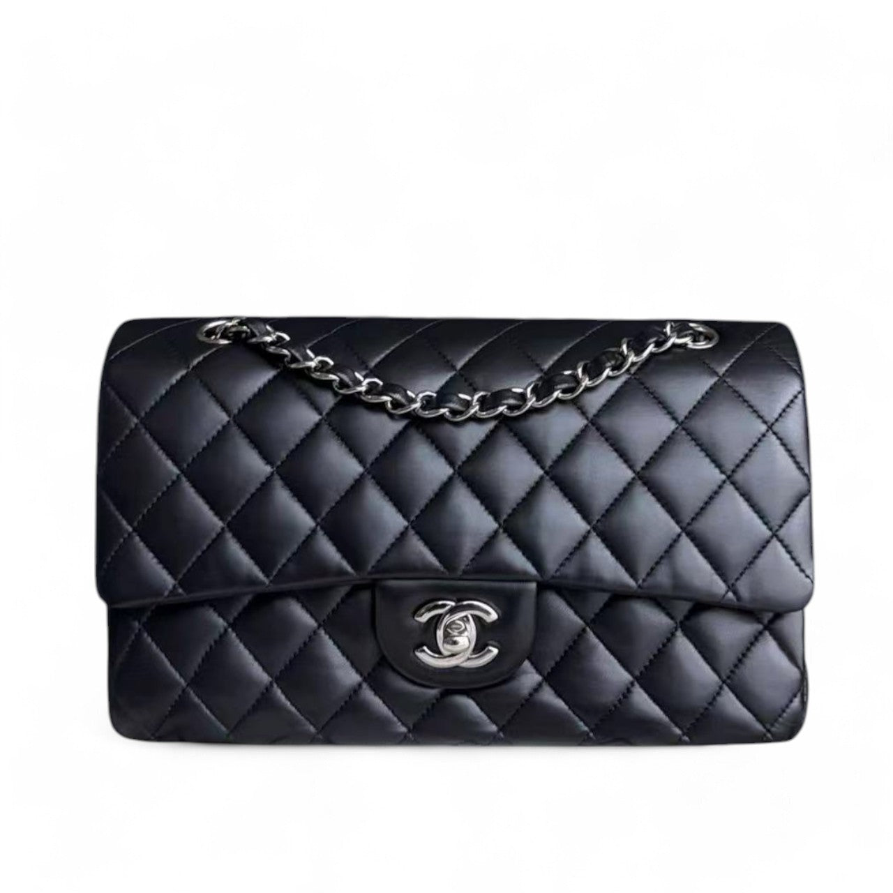 Chanel Classic Flap Medium - 25CM Double Flap Quilted Lambskin Black Silver Hardware Series 19