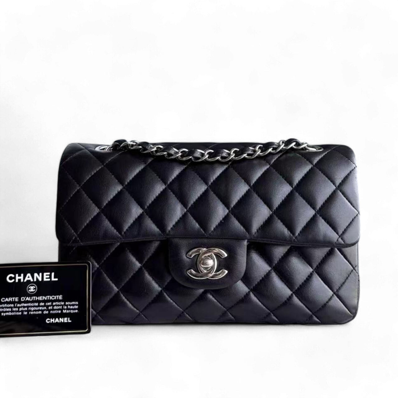 *Full Set, Receipt* Chanel Classic Flap Small - 23CM Quilted Lambskin Black Silver Hardware Series 27