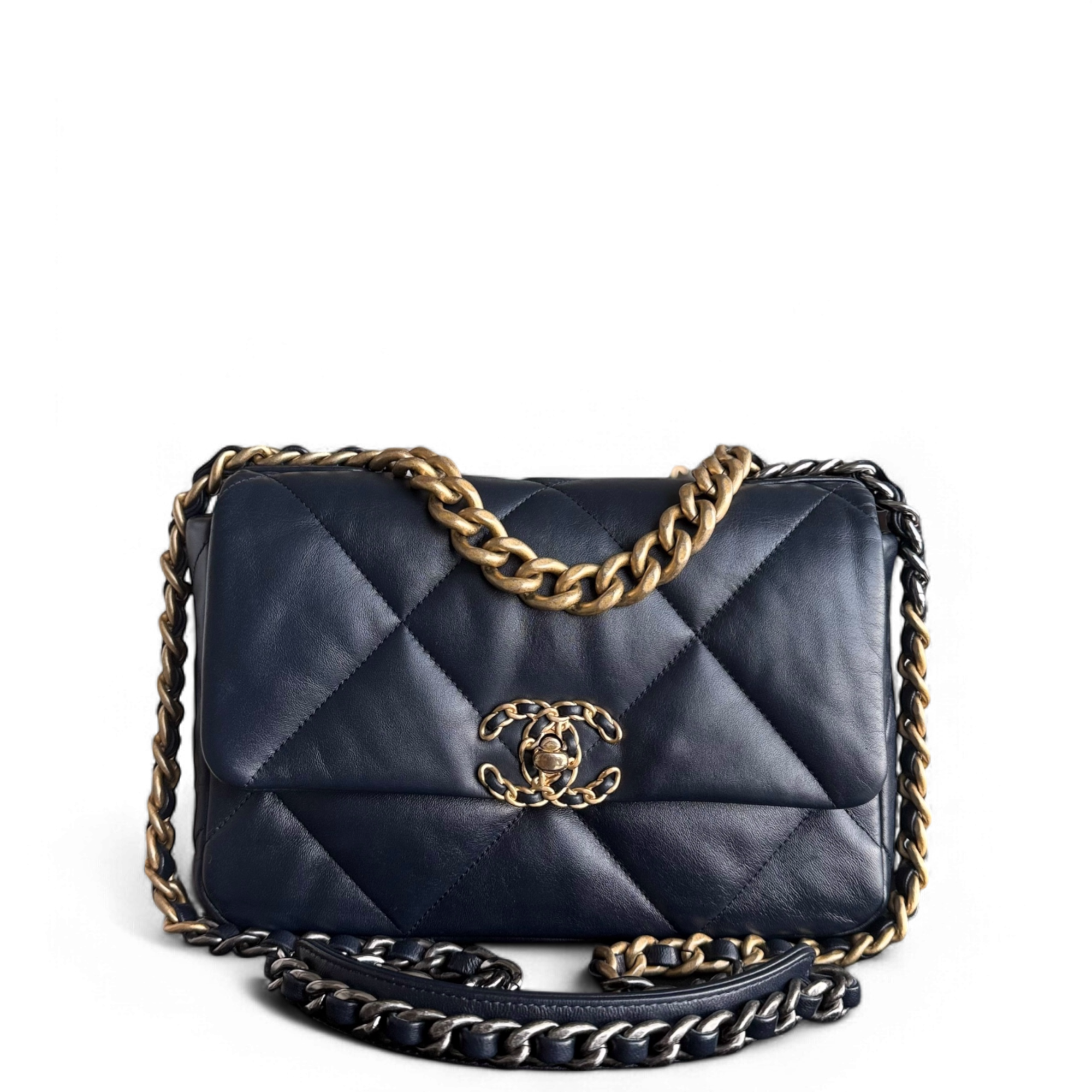 Chanel 19 Bag Small - Quilted Goatskin Dark Navy Blue Two-Tone Gold Hardware Series 31