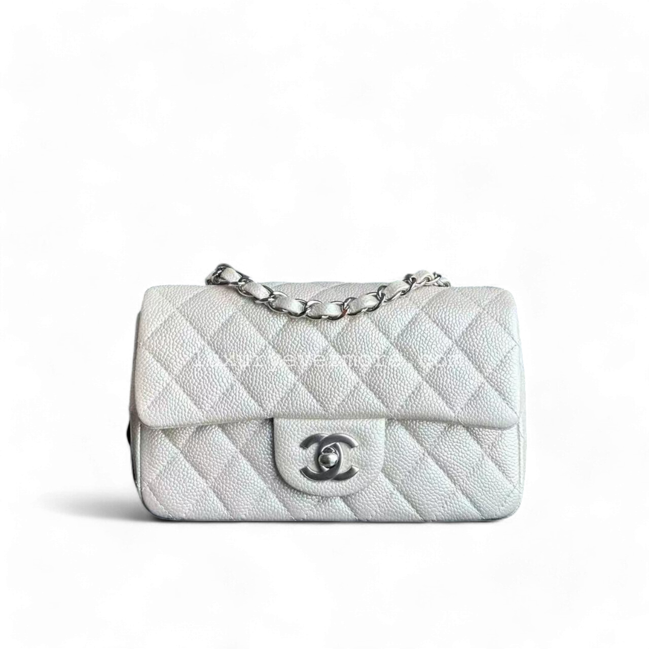 *Unused* Caviar Mini Rectangle Classic Flap Quilted Iridescent Pearl White Silver Hardware Series 20