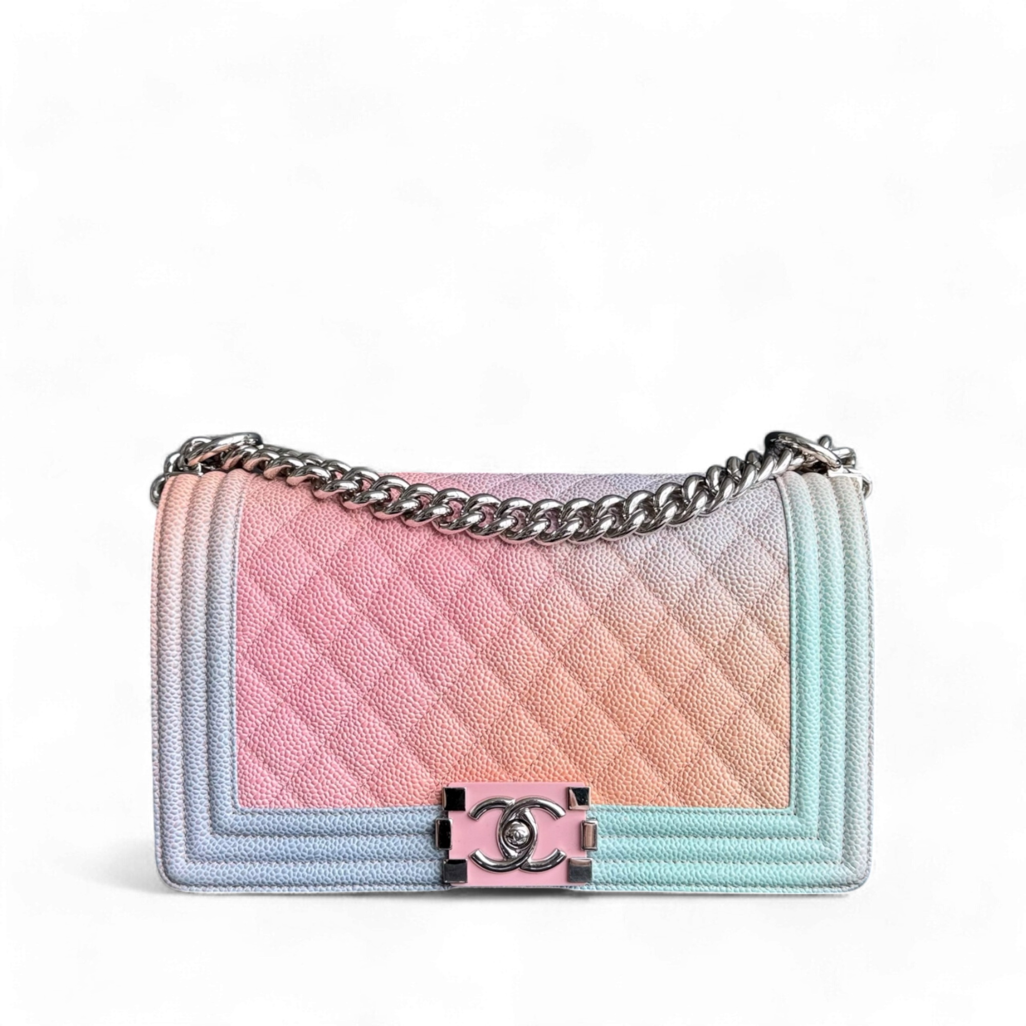 Chanel Boy Medium - Caviar Rainbow 25CM Quilted Multioclor Silver Hardware Series 25