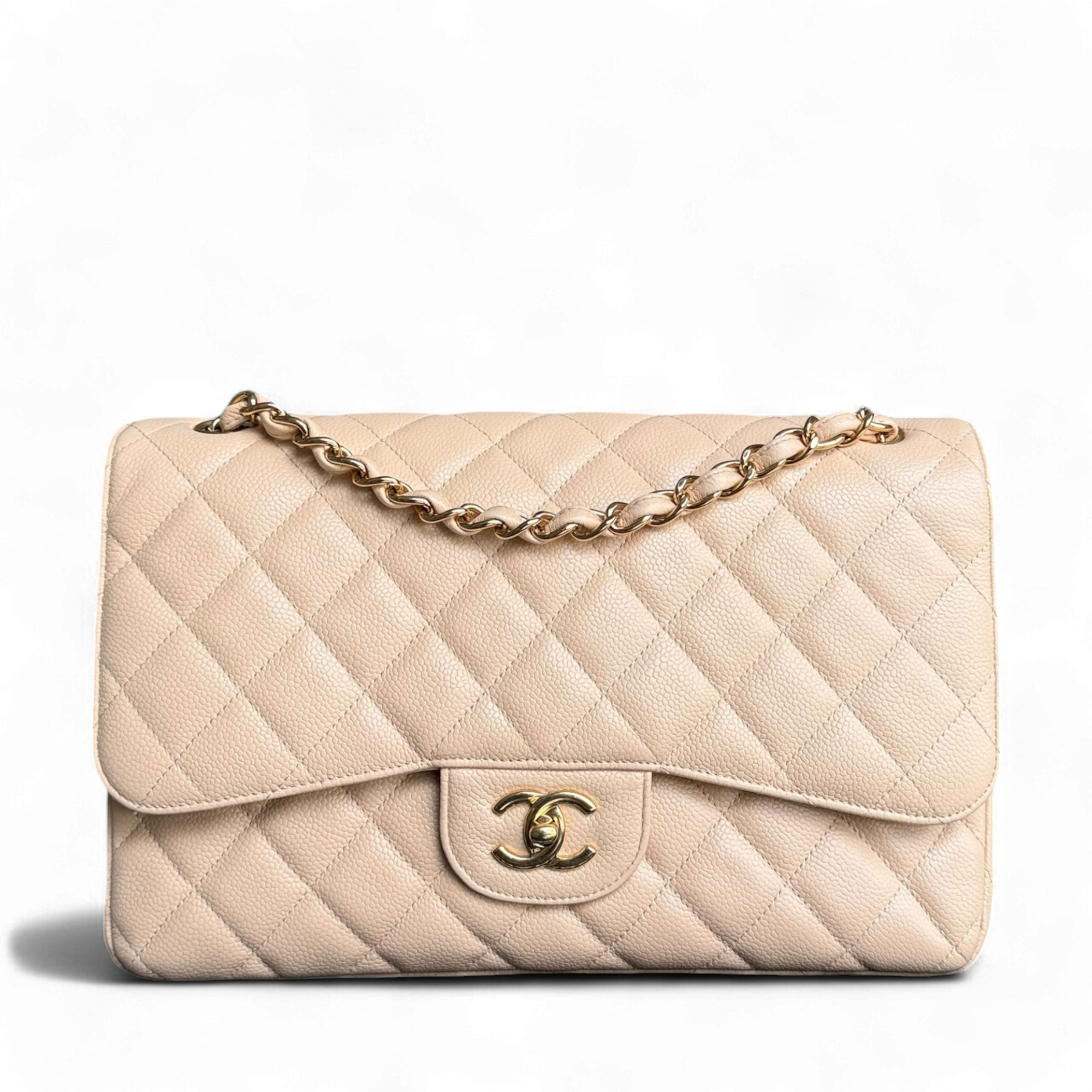 Chanel Classic Flap Jumbo - Caviar 30CM Double Flap Quilted Beige Gold Hardware Series 14