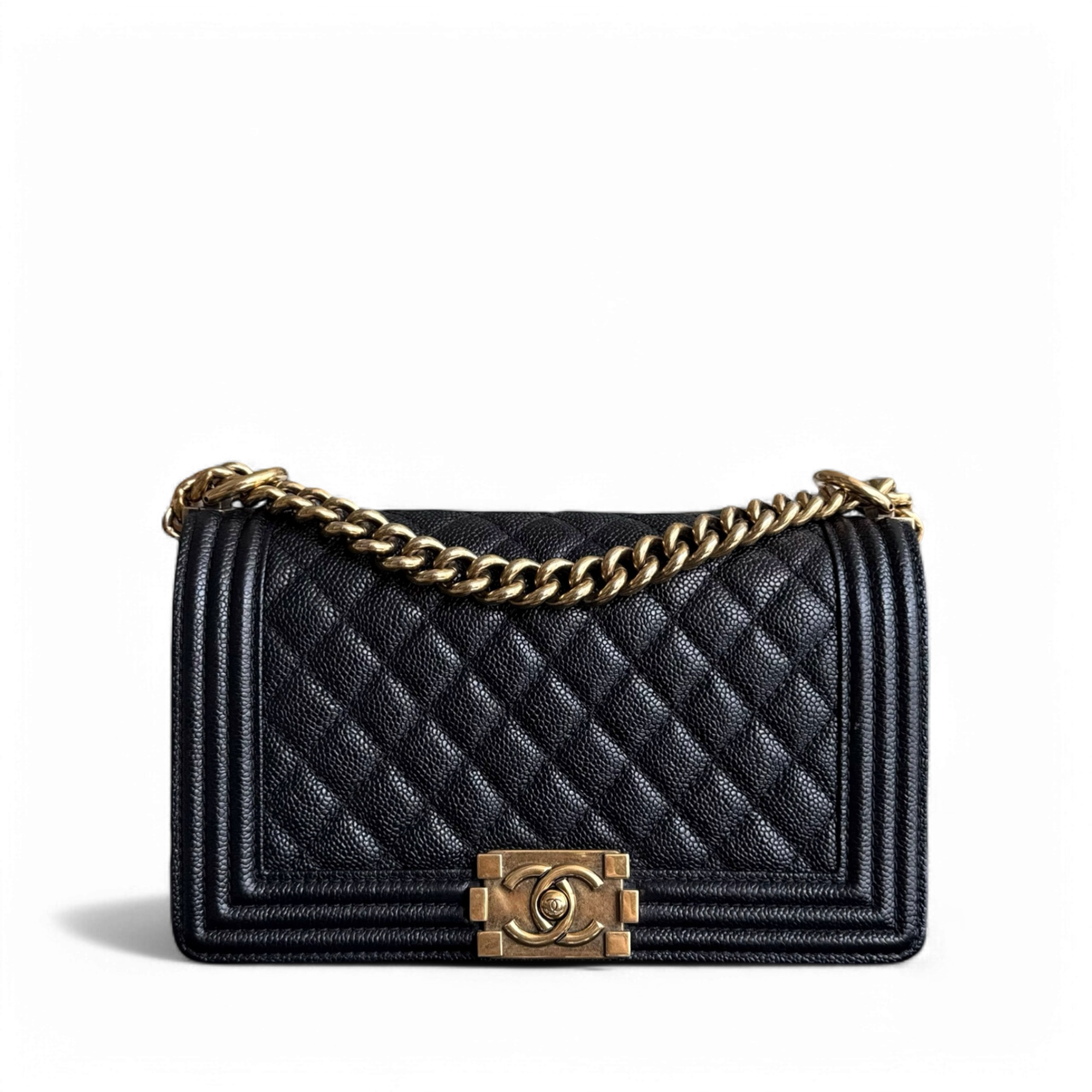 Chanel Boy Medium - Caviar 25CM Quilted Black Ruthenium Gold Hardware Series 20