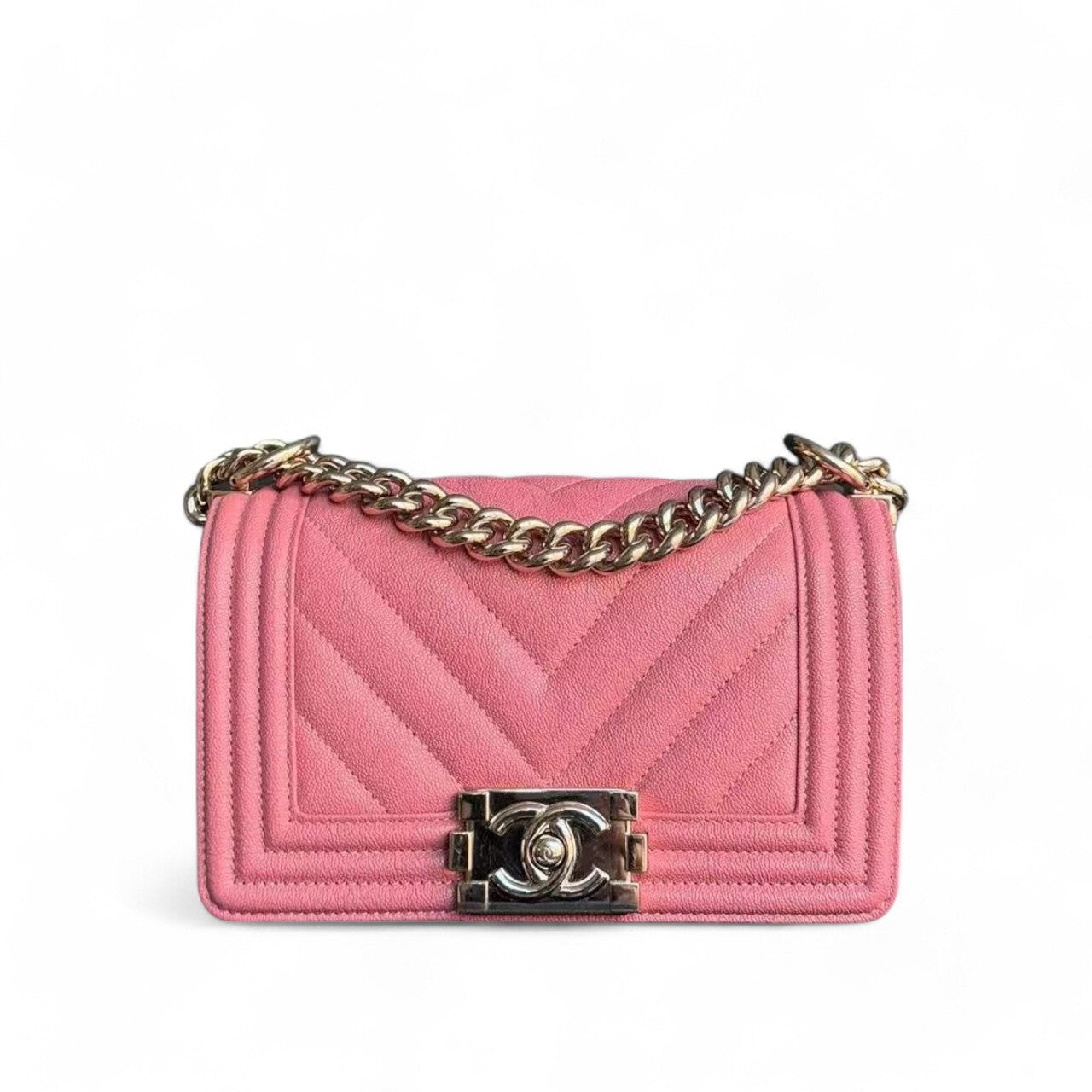 Chanel Boy Small - Caviar 20CM Chevron Pink Gold Hardware Series 28