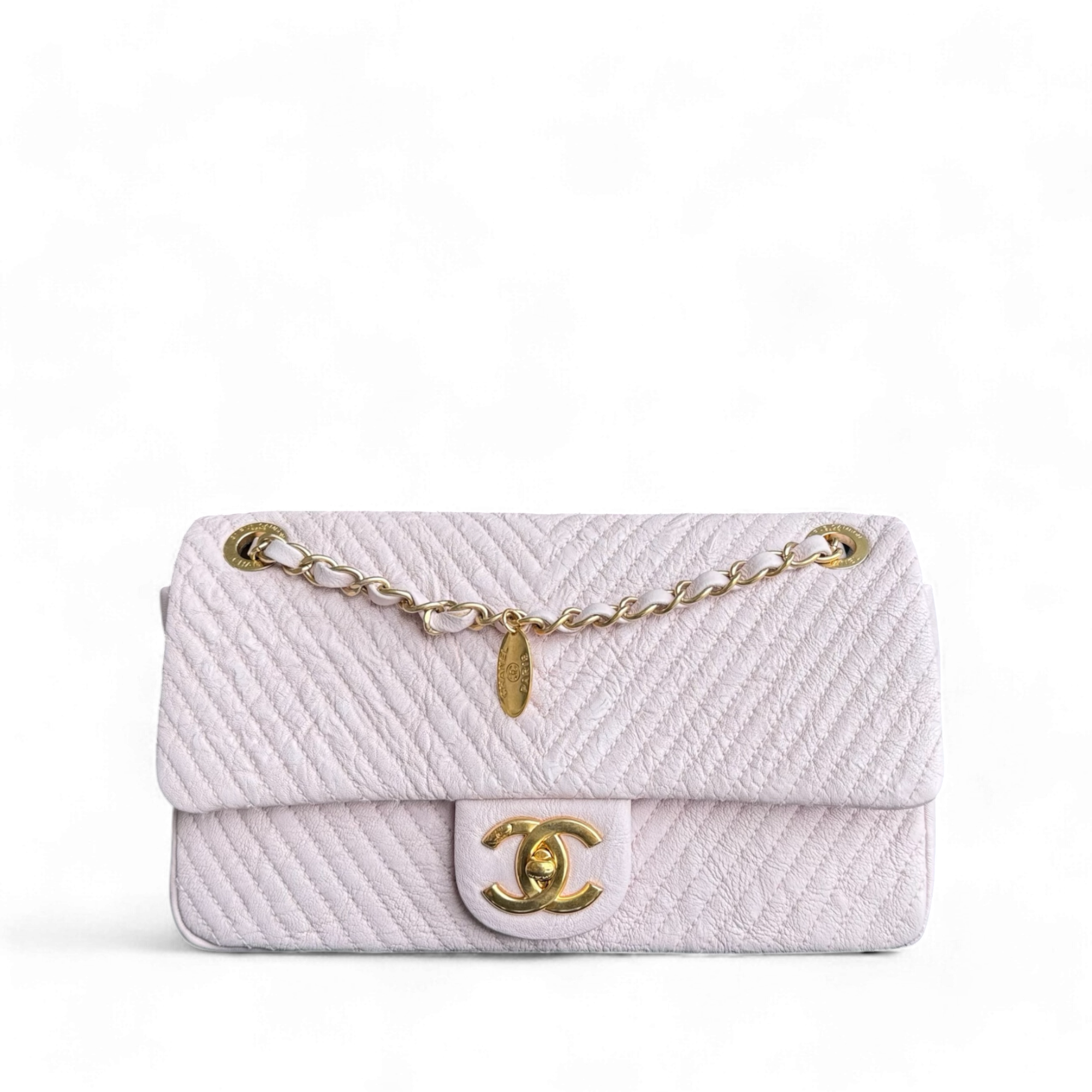 Chanel Seasonal Flap - Surpique Chevron Flap Calfskin Light Sakura Pink Gold Hardware Series 21