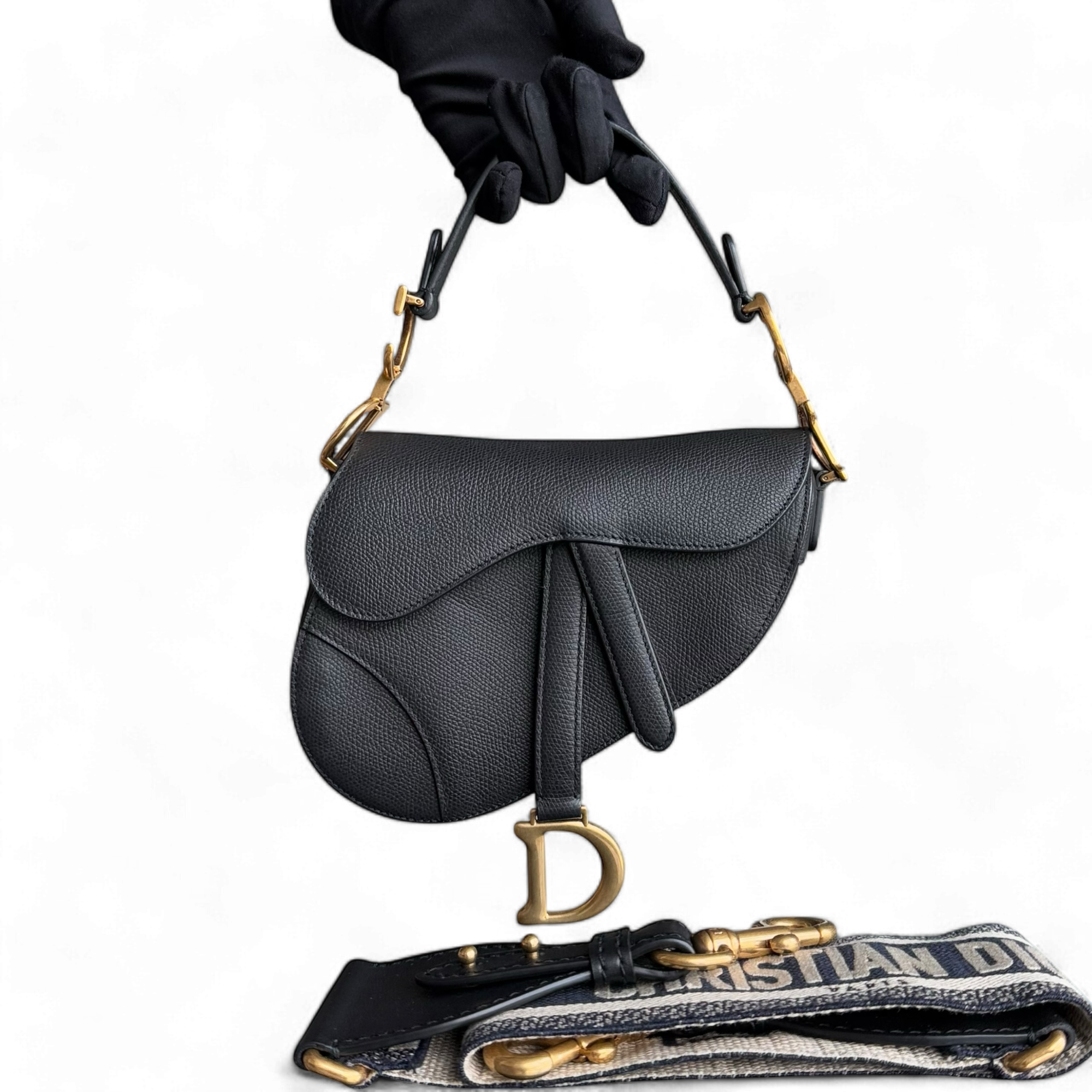 Dior Saddle Mini With Strap - 21CM Grained Calfskin Black Gold Hardware