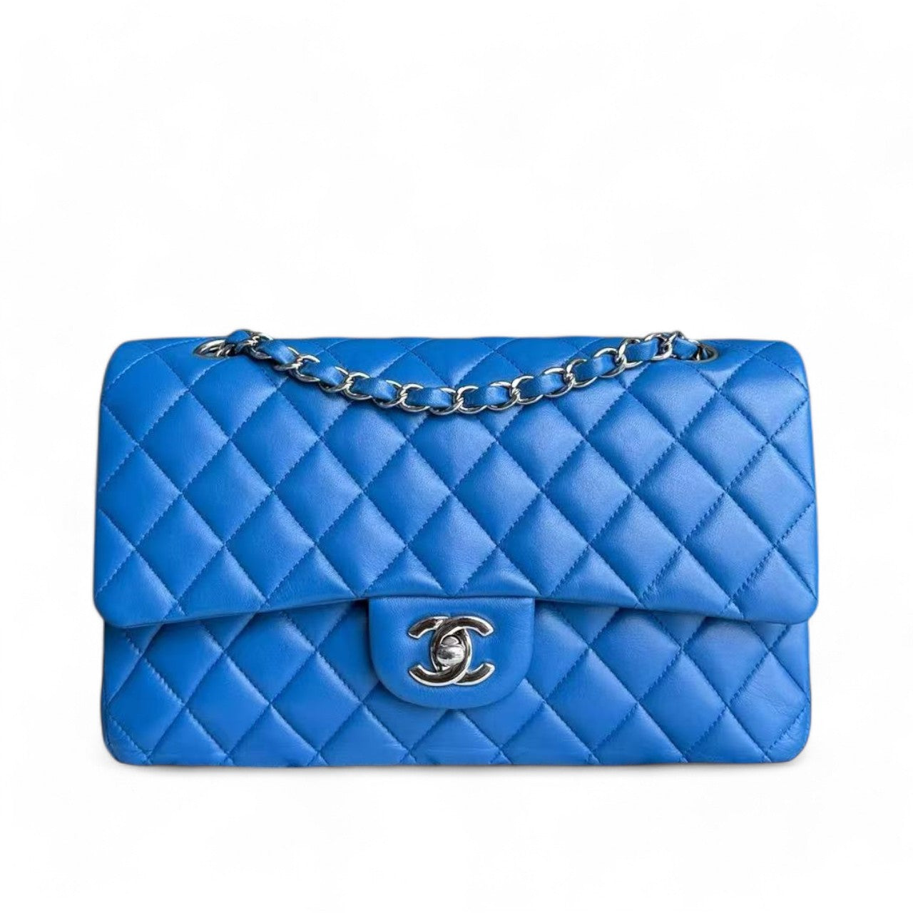 Chanel Classic Flap Medium - 25CM Quilted Lambskin Double Flap Blue Silver Hardware Series 22