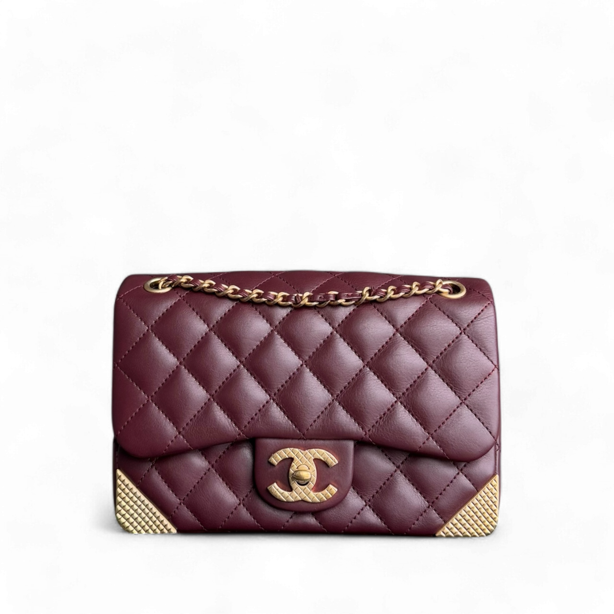 Chanel Rock The Corner Flap Small - 20CM Quilted Calfskin Burgundy Gold Hardware Series 24