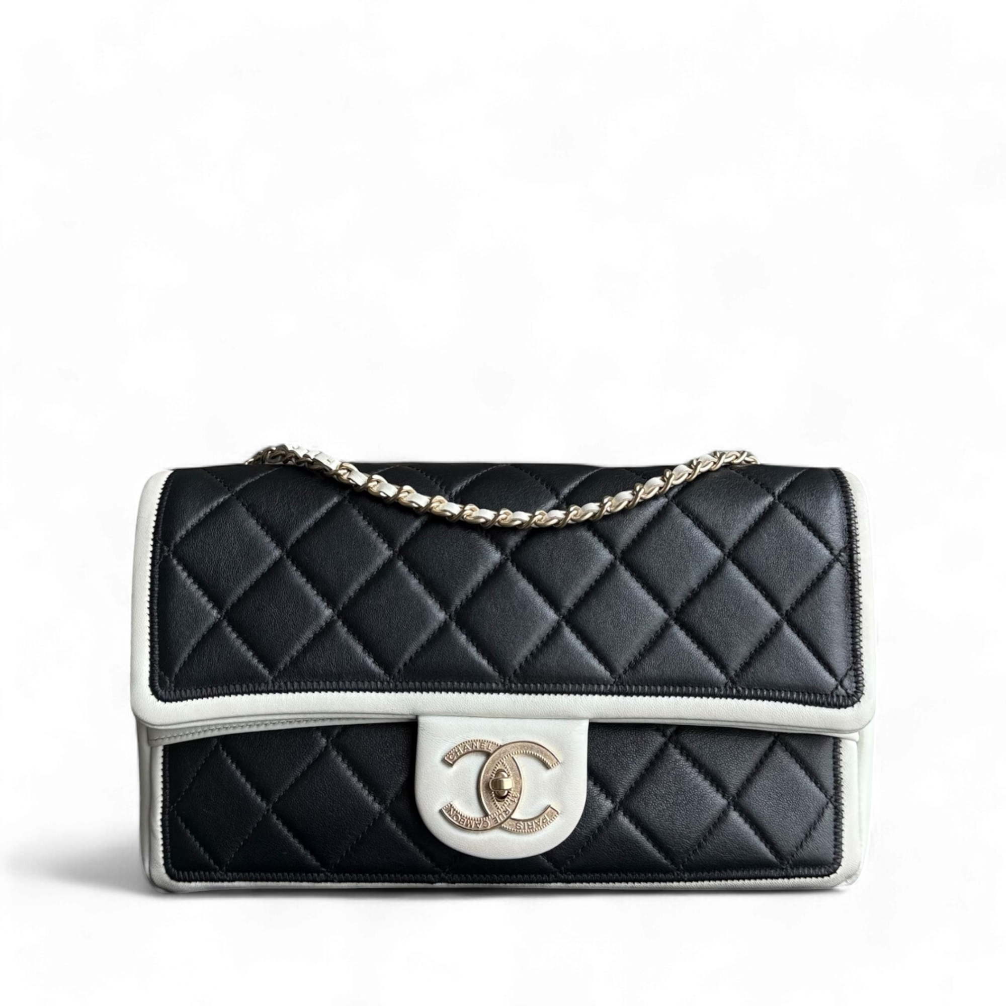 Chanel Seasonal Flap - Medium Graphic Quilted Lambskin Black White Gold Hardware Series 18