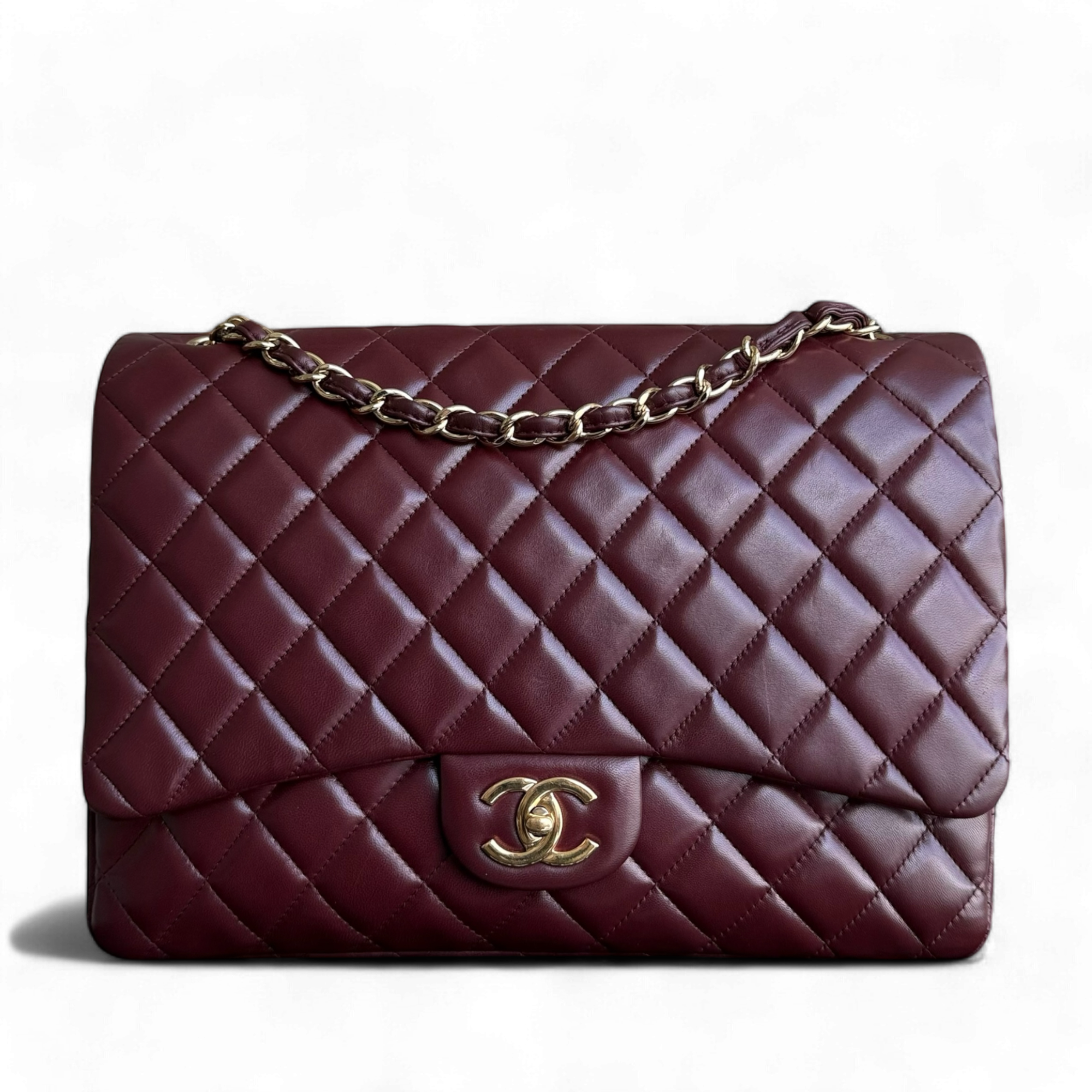 Chanel Classic Flap Maxi - 33CM Double Flap Quilted Lambskin Burgundy Gold Hardware Series 16