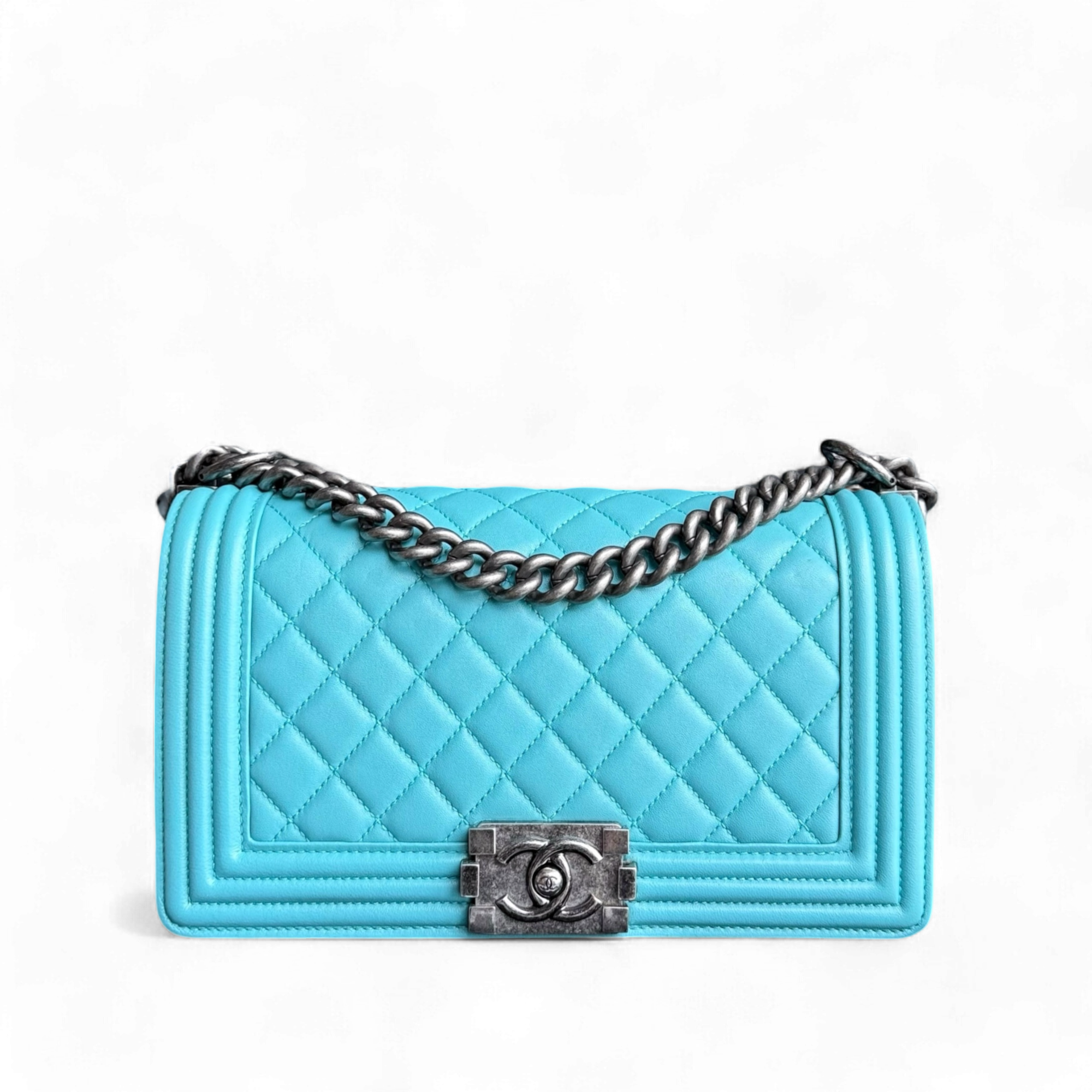 Chanel Boy Medium - 25CM Quilted Lambskin Cyan Blue Ruthenium Silver Hardware Series 19