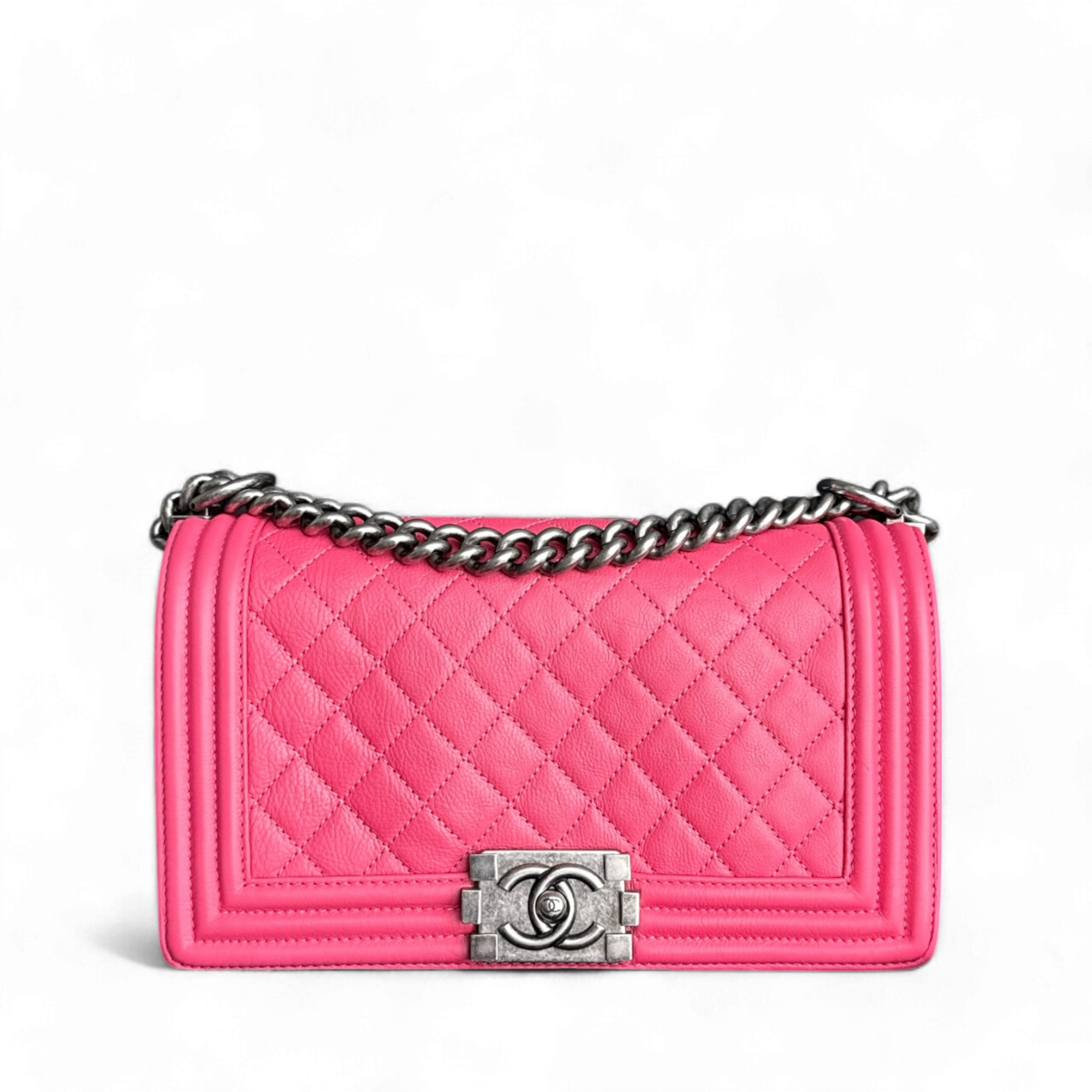 Chanel Boy Medium - 25CM Calfskin Quilted Hot Pink Ruthnium Silver Hardware Series 17