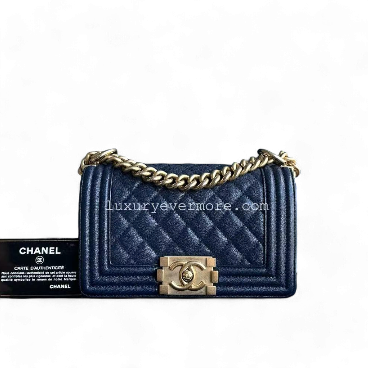 Chanel Boy Small - Caviar Quilted Grained Calfskin Dark Blue Golden Hardware Series 26