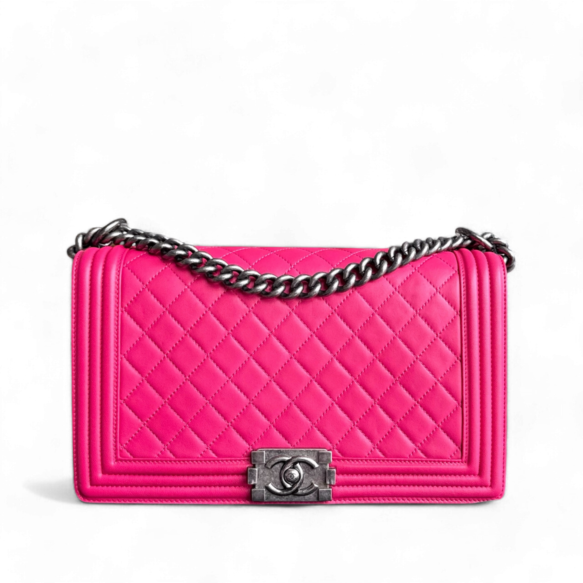 Chanel Boy Medium - 28CM Quilted Lambskin Hot Pink Ruthenium Silver Hardware Series 19