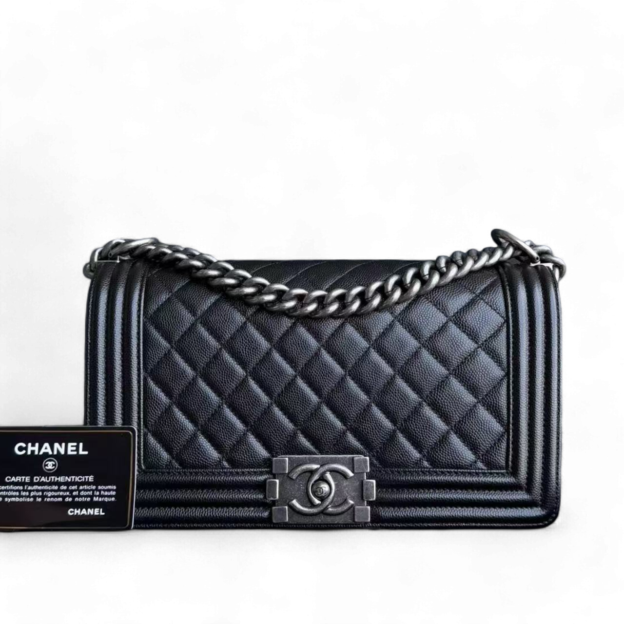 Chanel Boy Medium - Caviar 25CM Quilted Black Ruthenium Silver Hardware Series 25