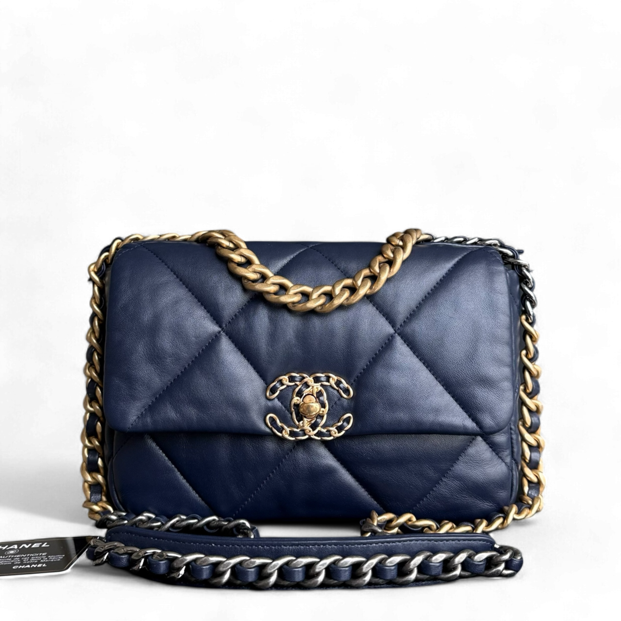 Chanel 19 Bag Small - C19 Quilted Goatskin Dark Navy Blue Two-tone Hardware Series 31