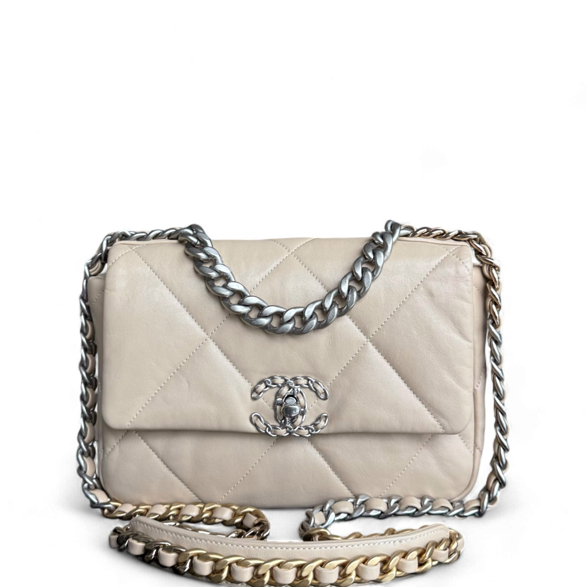 Chanel 19 Bag Small - C19 Goatskin Light Beige Two-tone Hardware Microchip