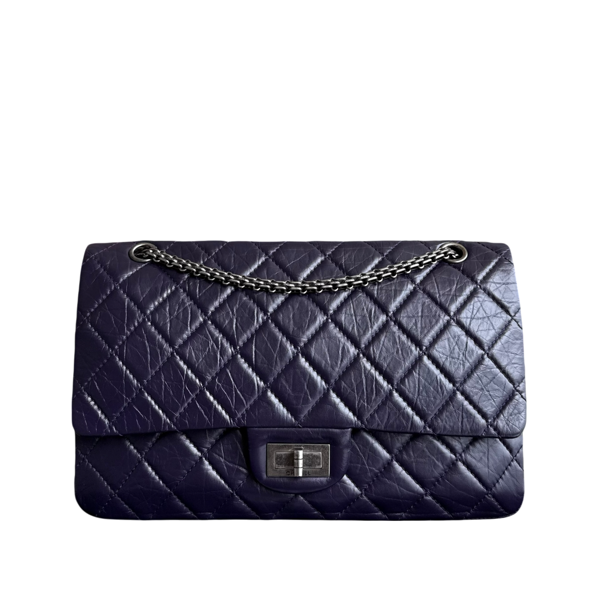 Chanel 2.55 Reissue 227 Large - Cannage Aged Calfskin Dark Violet Purple Ruthenium Silver Hardware Series 17