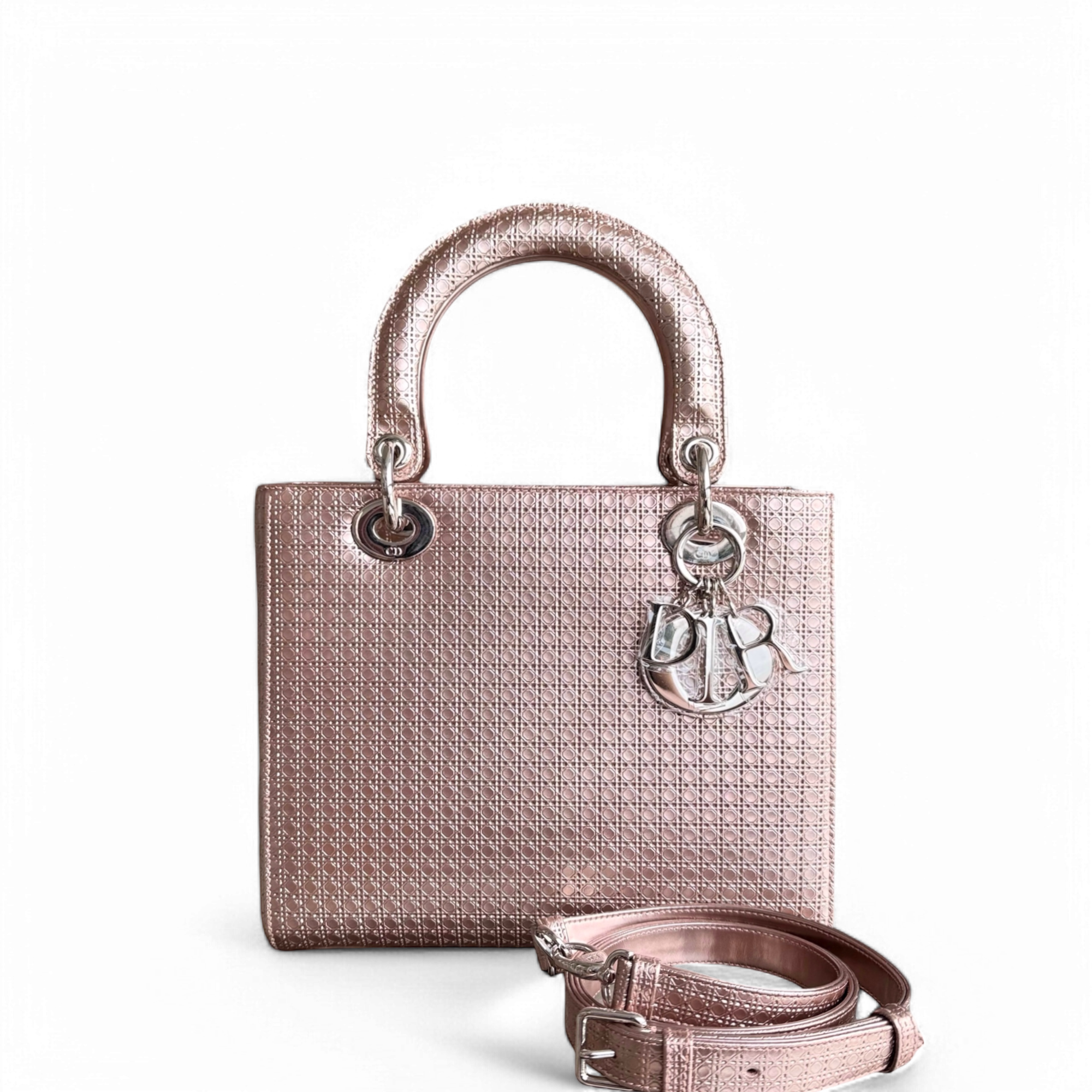 Dior Lady Medium - Cannage Calfskin Metallic Rose Gold Gold Hardware