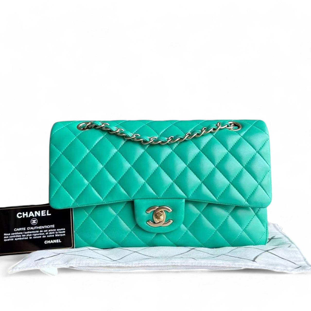 Chanel Classic Flap Medium - 25CM Double Flap Green Quilted Lambskin Gold Hardware Series 18