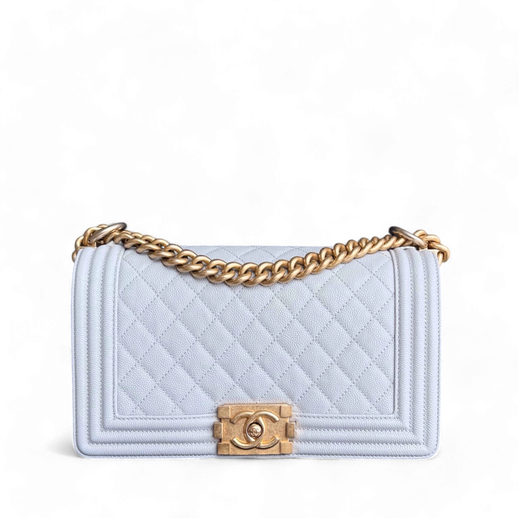 Chanel Boy Medium - Caviar 25CM Quilted Light Grey Gray Gold Hardware Series 25