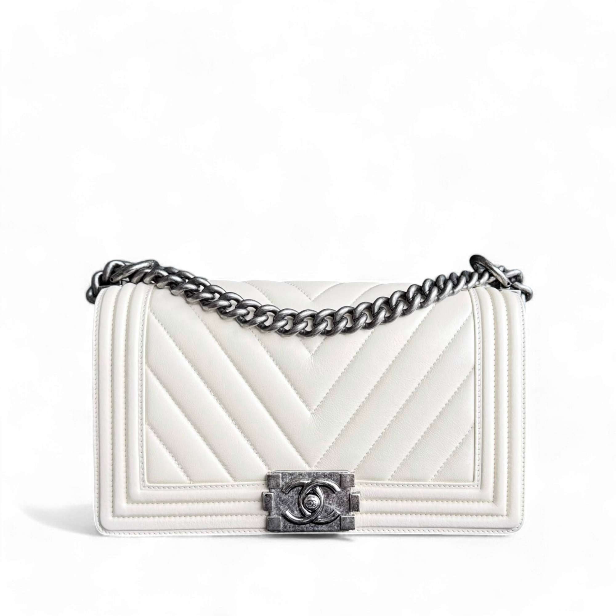 Chanel Boy Medium - 25CM Chevron Calfskin Cream White Ruthenium Silver Hardware Series 20