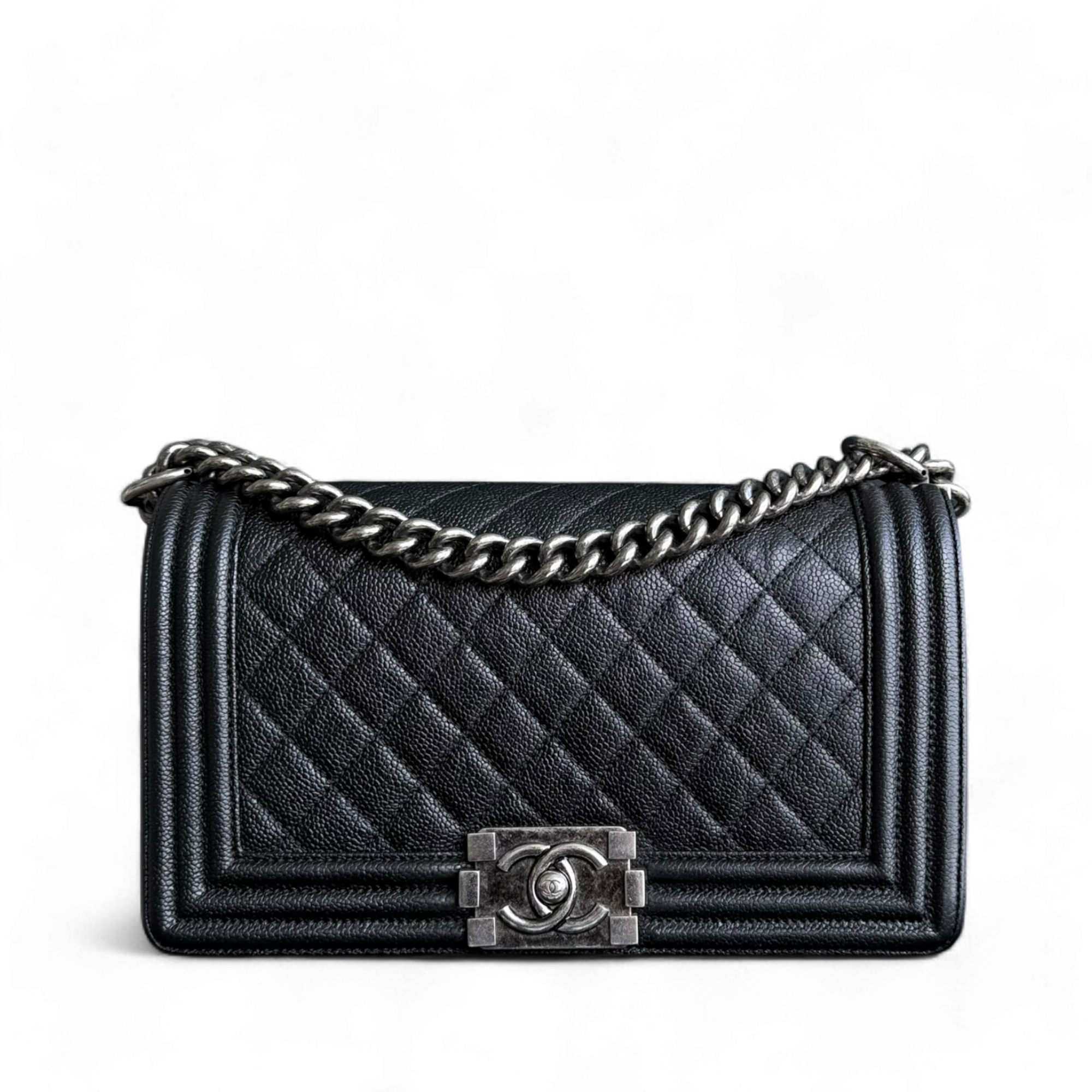 Chanel Boy Medium - Caviar 25CM Quilted Black Ruthenium Silver Hardware Series 19