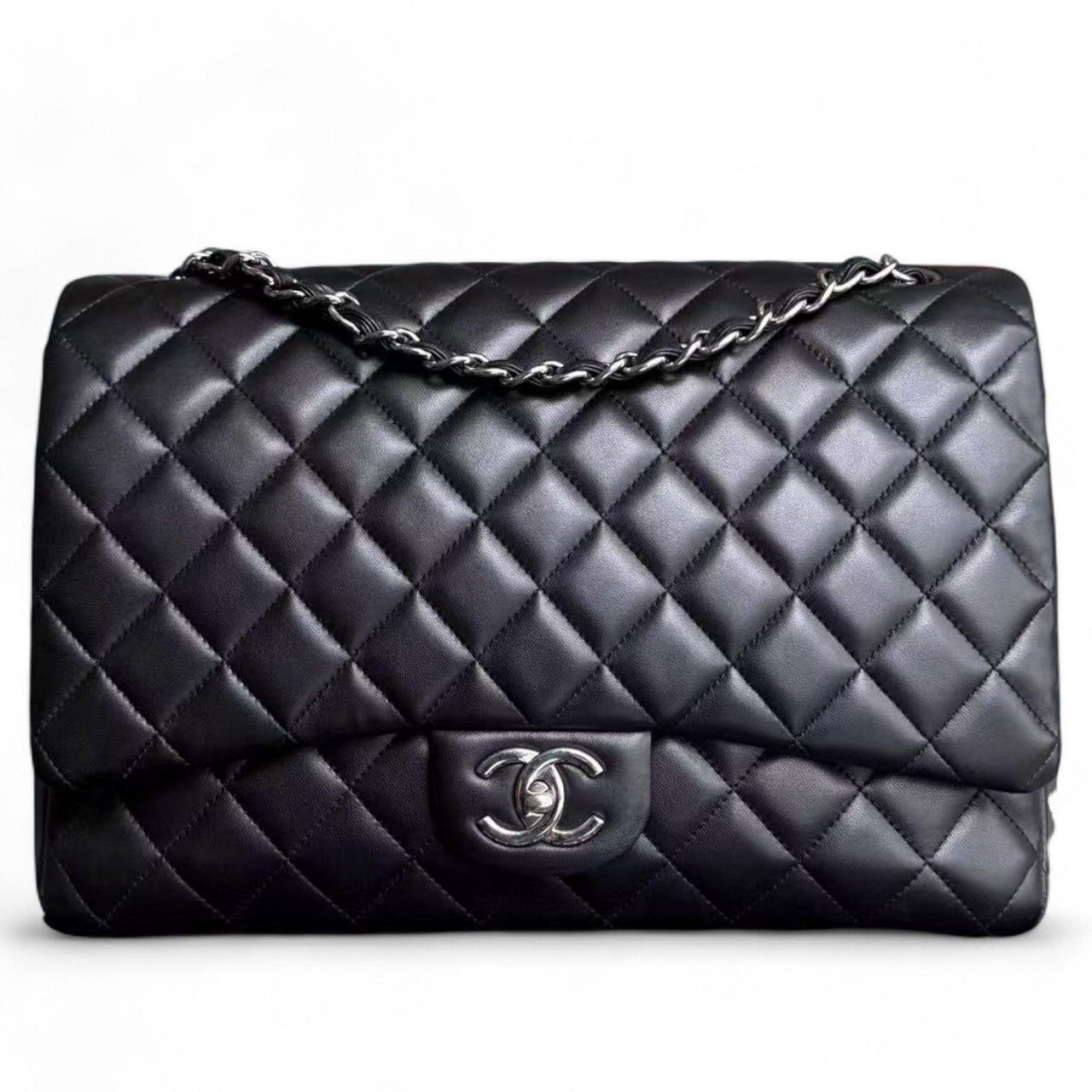 Chanel Classic Flap Maxi - 33CM Double Flap Quilted Lambskin Black Silver Hardware Series 16