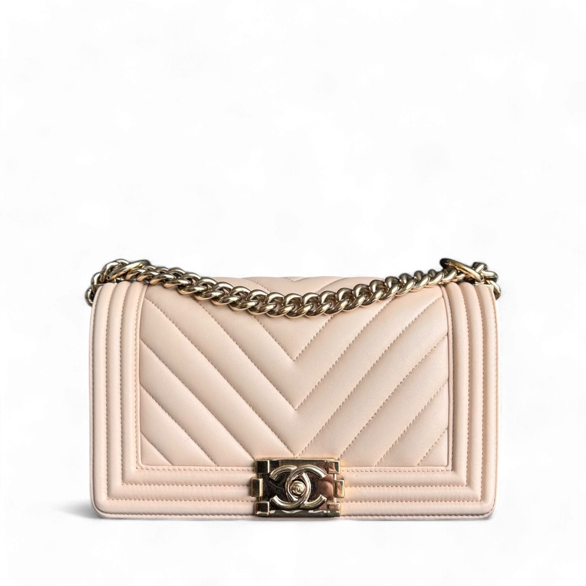 Chanel Boy Medium - 25CM Chevron Calfskin Beige Gold Hardware Series 23