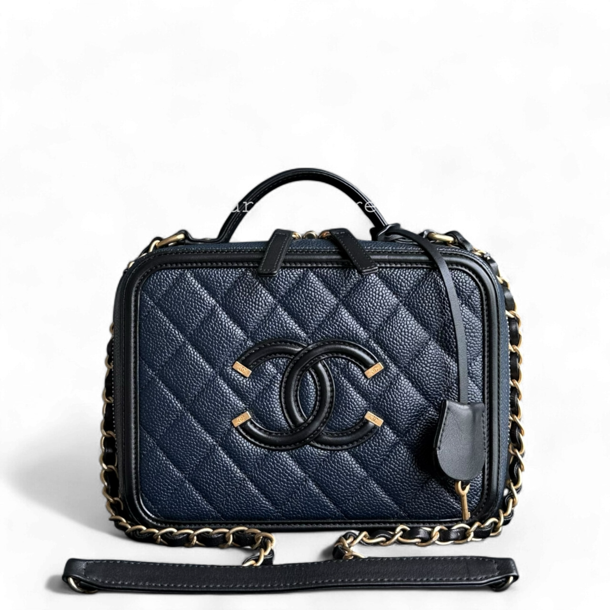 Chanel Vanity Case Medium - Caivar Quilted Dark Blue Gold Hardware Series 26