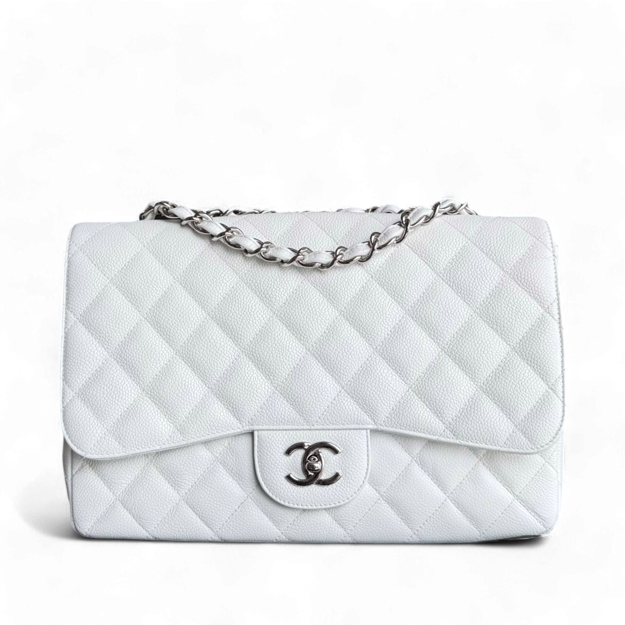 Chanel Classic Flap Jumbo - Caviar 30CM Single Flap Quilted Snow White Silver Hardware Series 13